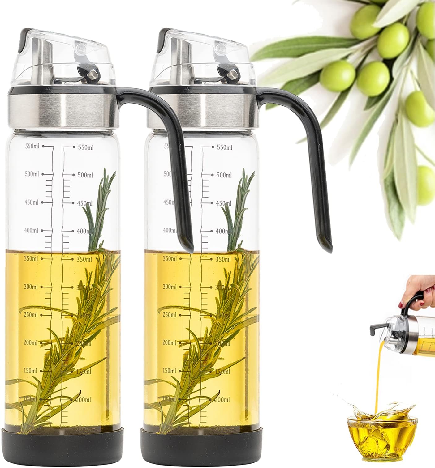 Borosilicate Glass Olive Oil Dispenser Bottle, Auto Flip Bottles For Kitchen, 18 Oz With Leakproof Cap, Easy Clean And Vinegar Set Of 2, 550 Ml
