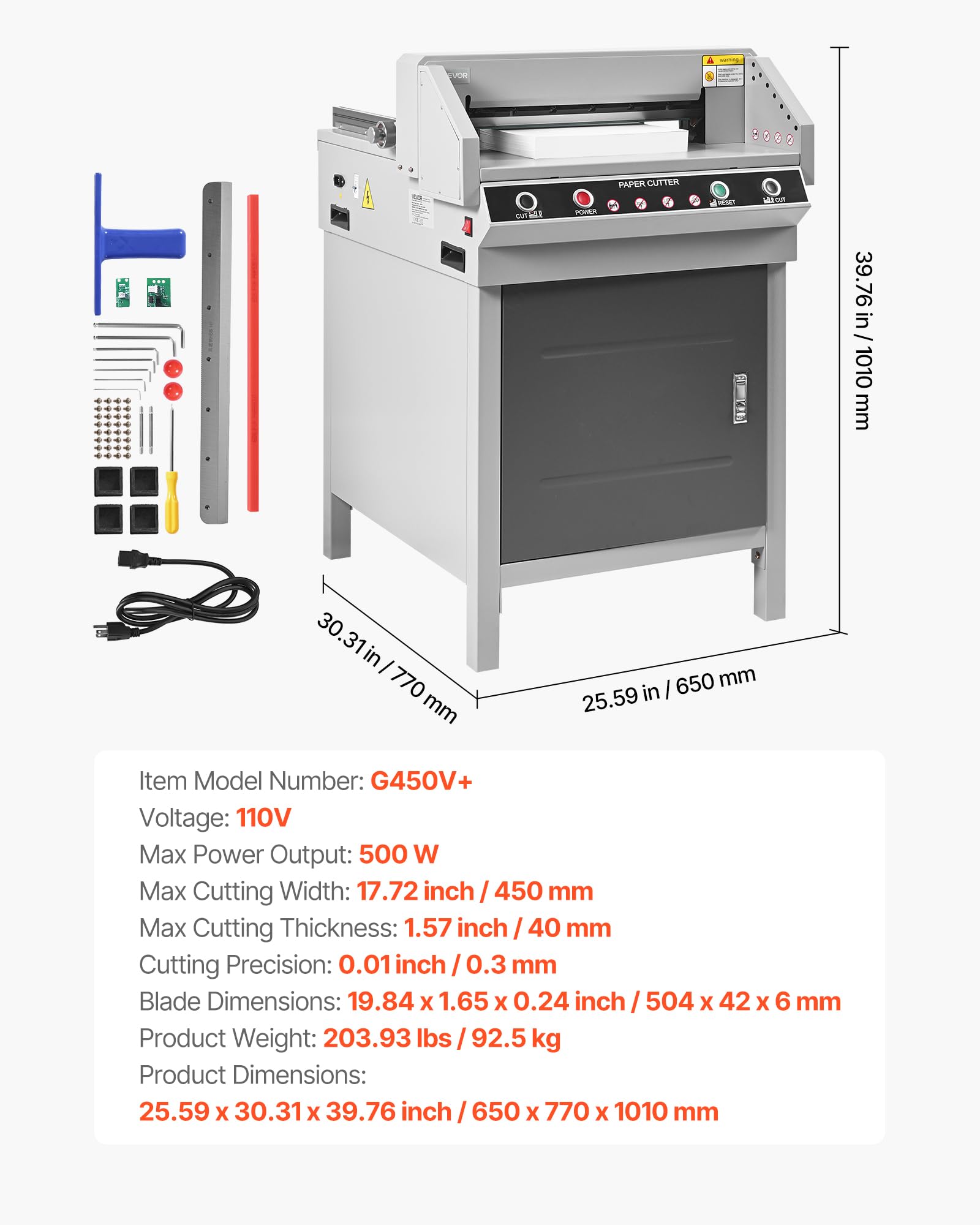 VEVOR Taglierina per Carta Taglierina ad Alte Prestazioni, Larghezza di Taglio 45 cm, Spessore di Taglio 4 cm, Grande Ghigliottina Elettrica con Funzione a Infrarossi e Lama di Ricambio, 500 W