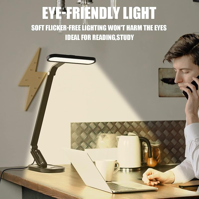 Lampă de birou JKSWT cu protecție oculară, lumină reglabilă, 5 moduri de culoare, 72 LED-uri, încărcare USB, control tactil și funcție de memorie, pentru birou, negru