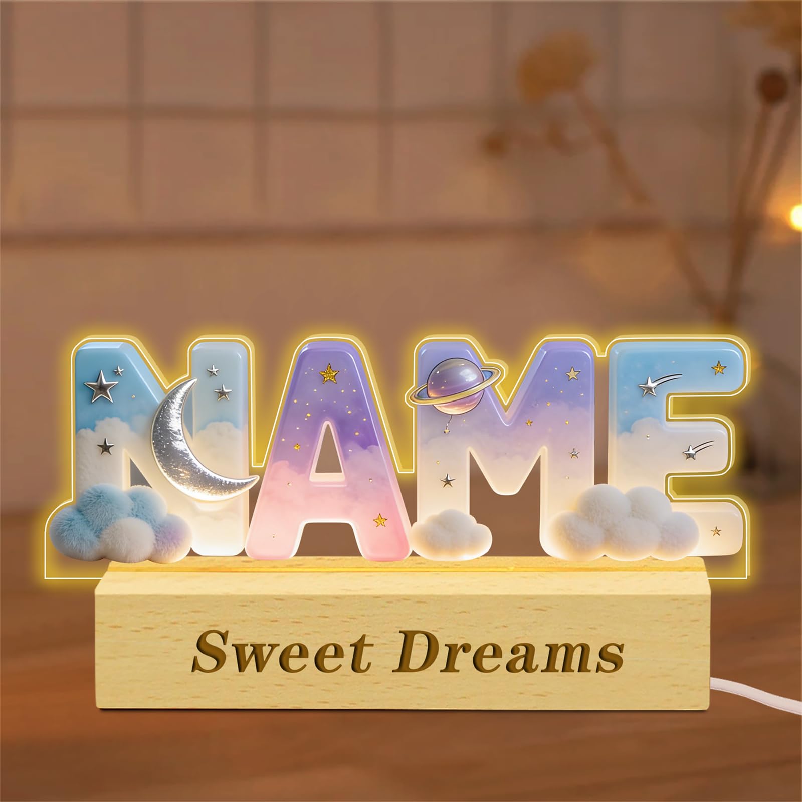 Personalized Name Letter Night Light Custom 2D Printing Moon and Stars Desktop Acrylic Frame Light Sign Birthday Christmas Anniversary Decor Gifts to Family Friend