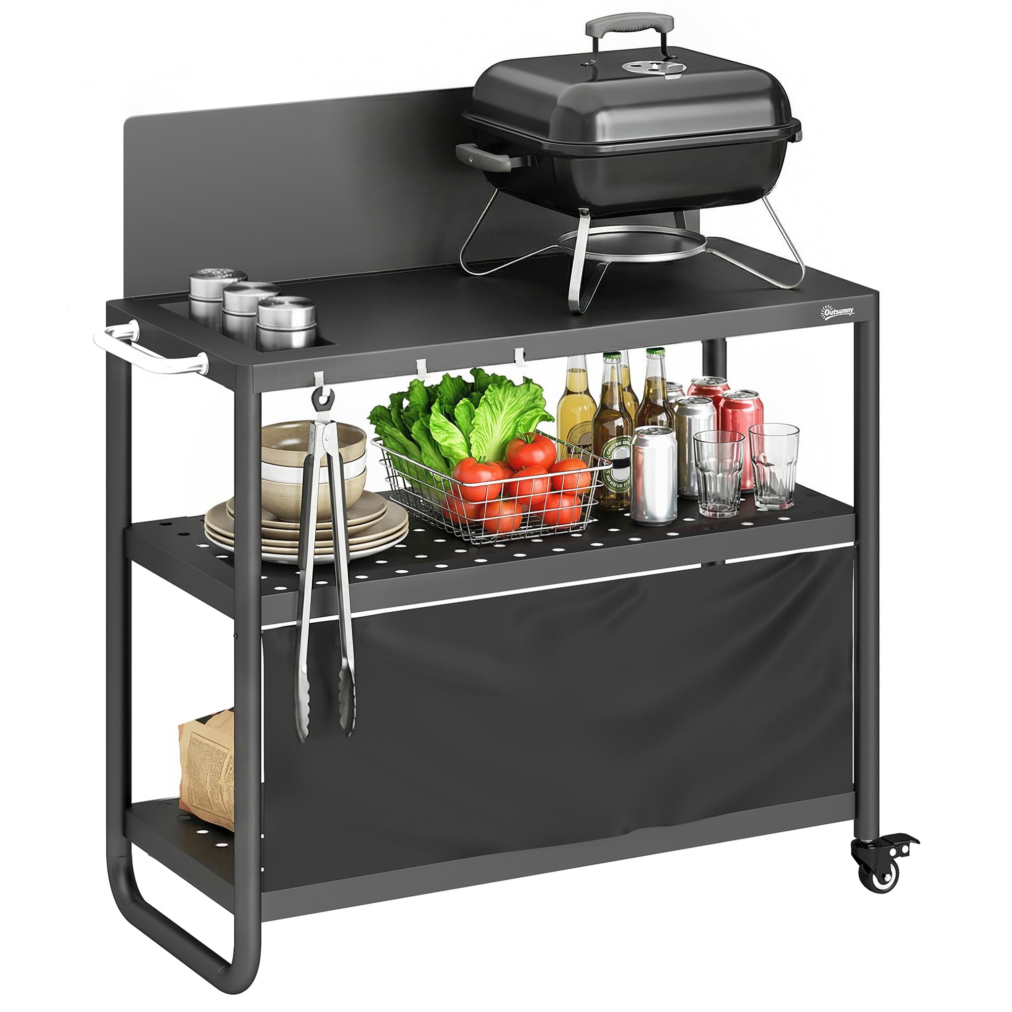 Outsunny Chariot de Barbecue en Acier 100x46x110cm avec Pare-vent - Desserte de Jardin 3 Niveaux Mobile avec Rideau Oxford - Station de Cuisson pour Plancha et Four à Pizza avec Rangement, Noir