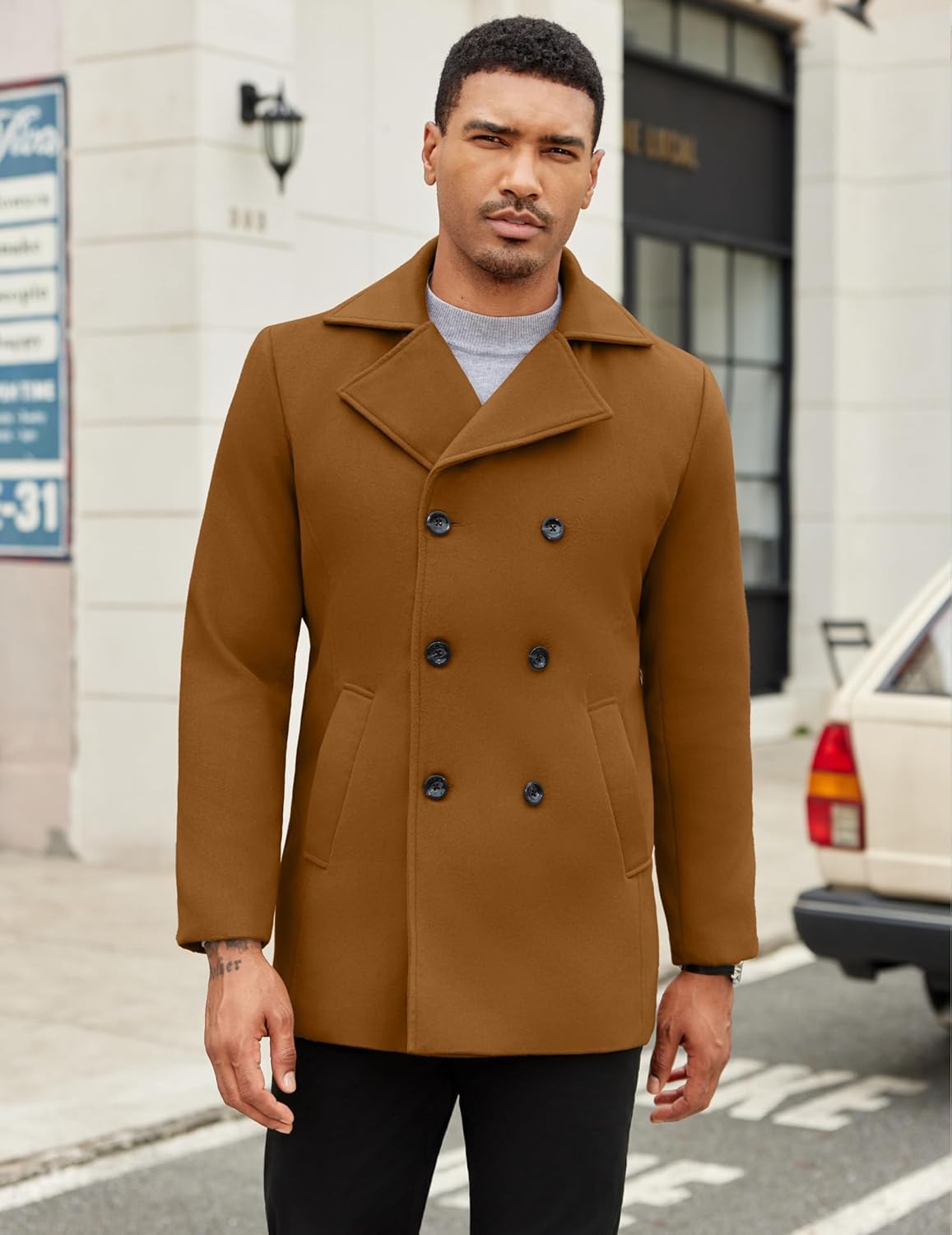 COOFANDY Men's Double Breasted Pea Coat Winter Overcoat Short
