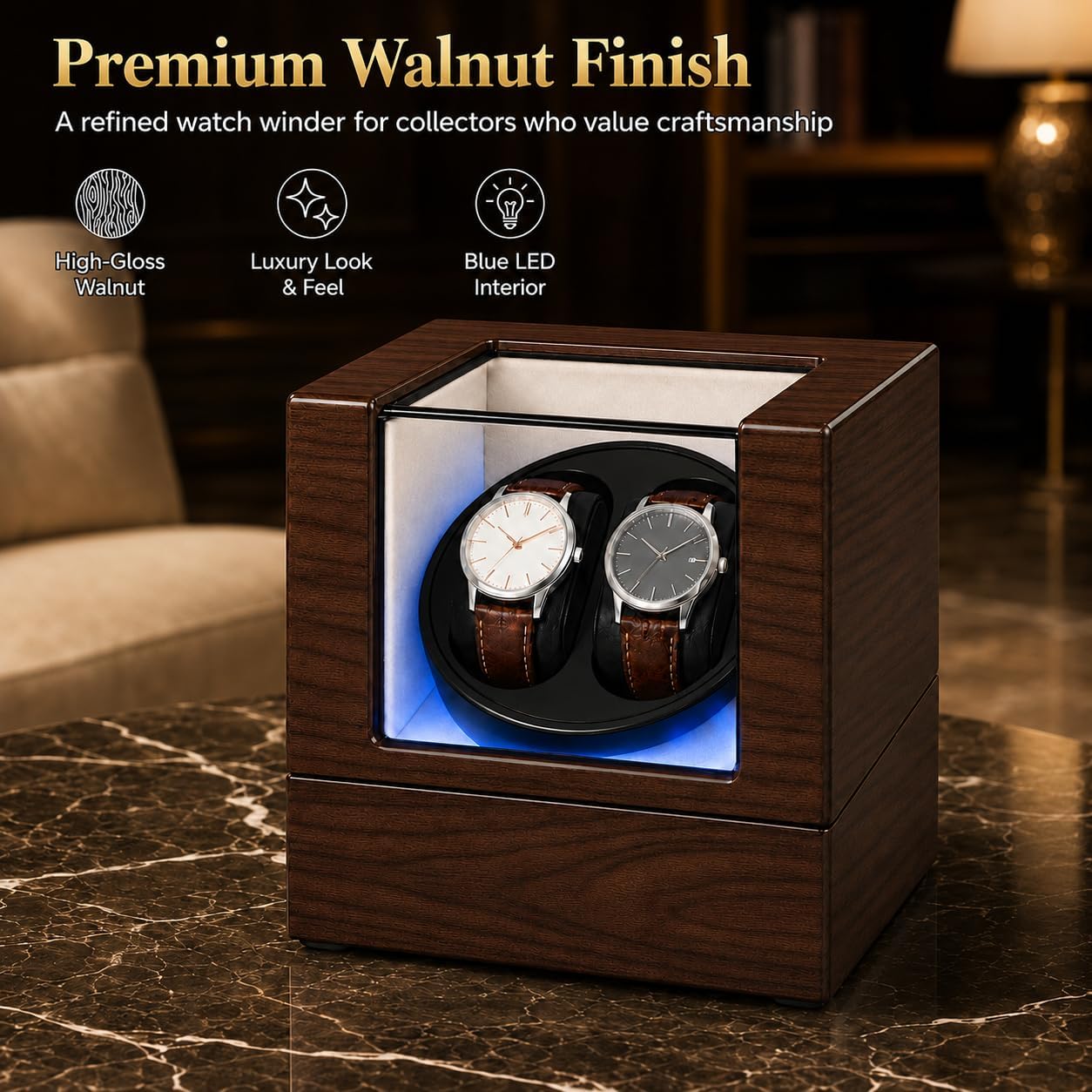 Double Watch Winder for Automatic Watches, Gift for Dad, Men, Women image 2