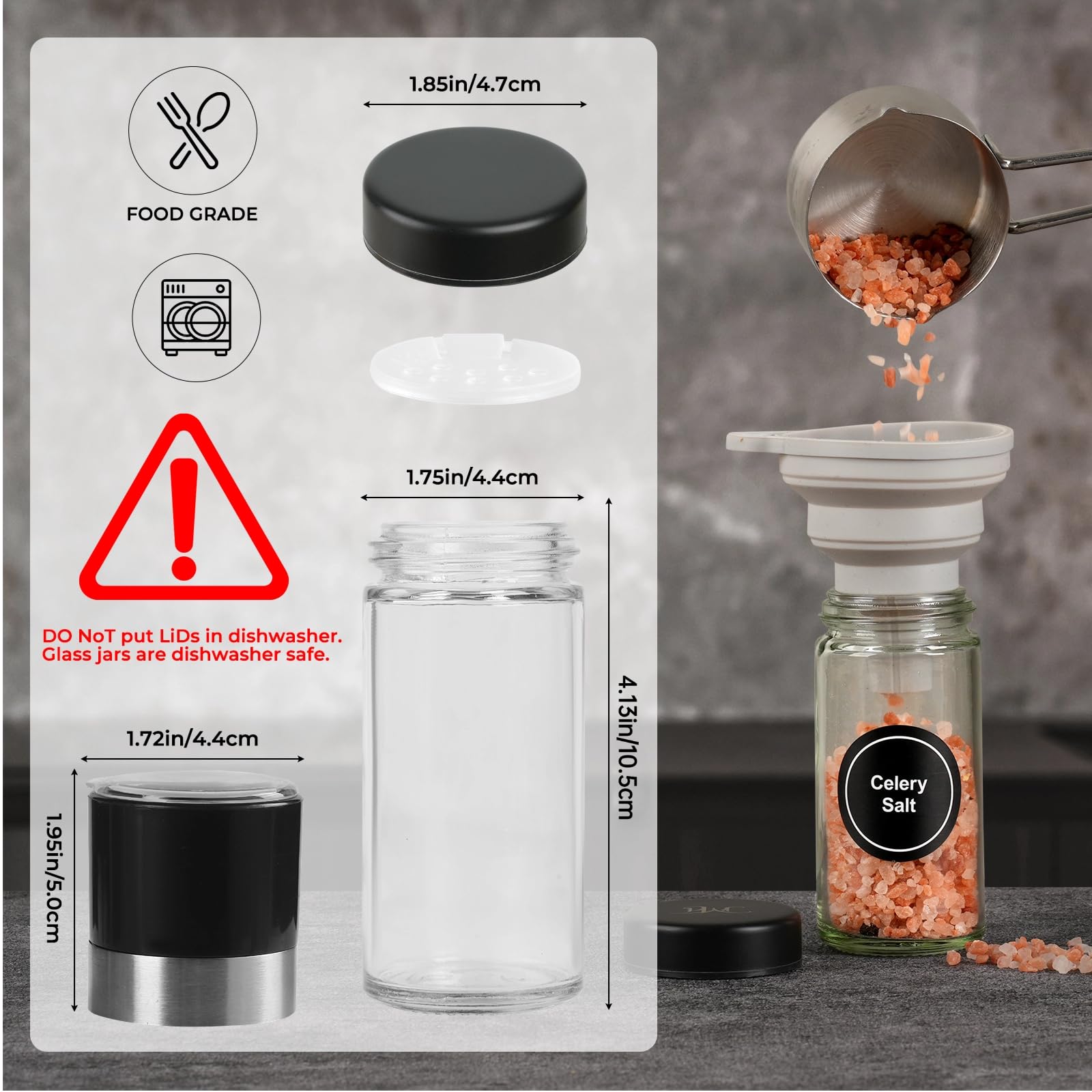 FRIBERG Kruidenpotjes, vierkant, set van 20 stuks, glazen kruidenstrooiers met roestvrijstalen deksels, 120 ml, met 2 kruidenmolens voor het bewaren van specerijen