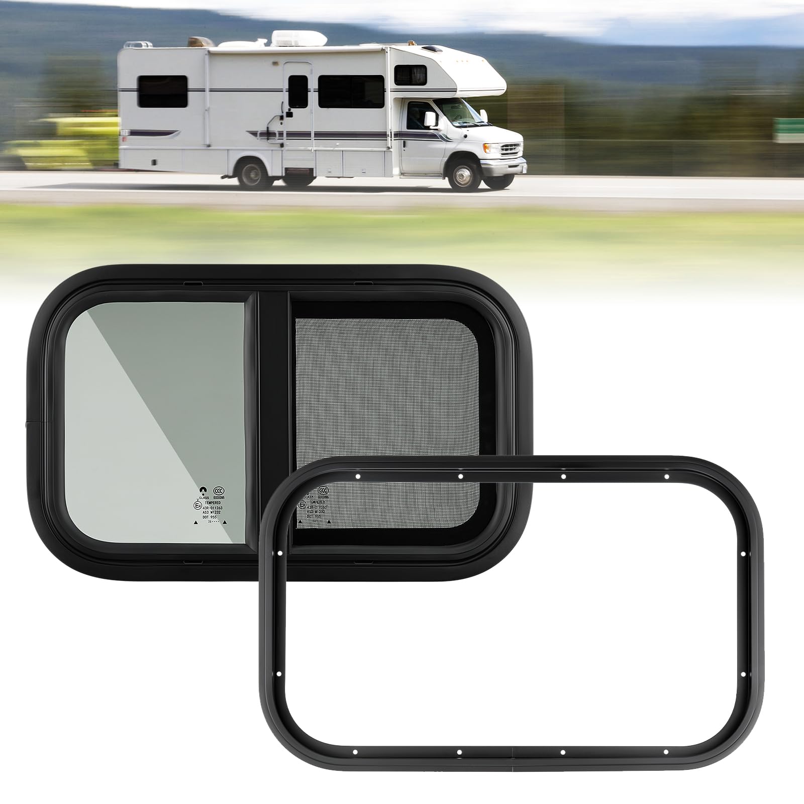 GEARMONSTER Finestra laterale per camper e roulotte, colore nero, 500 x 300 mm, con schermo, vetro temperato per rimorchi