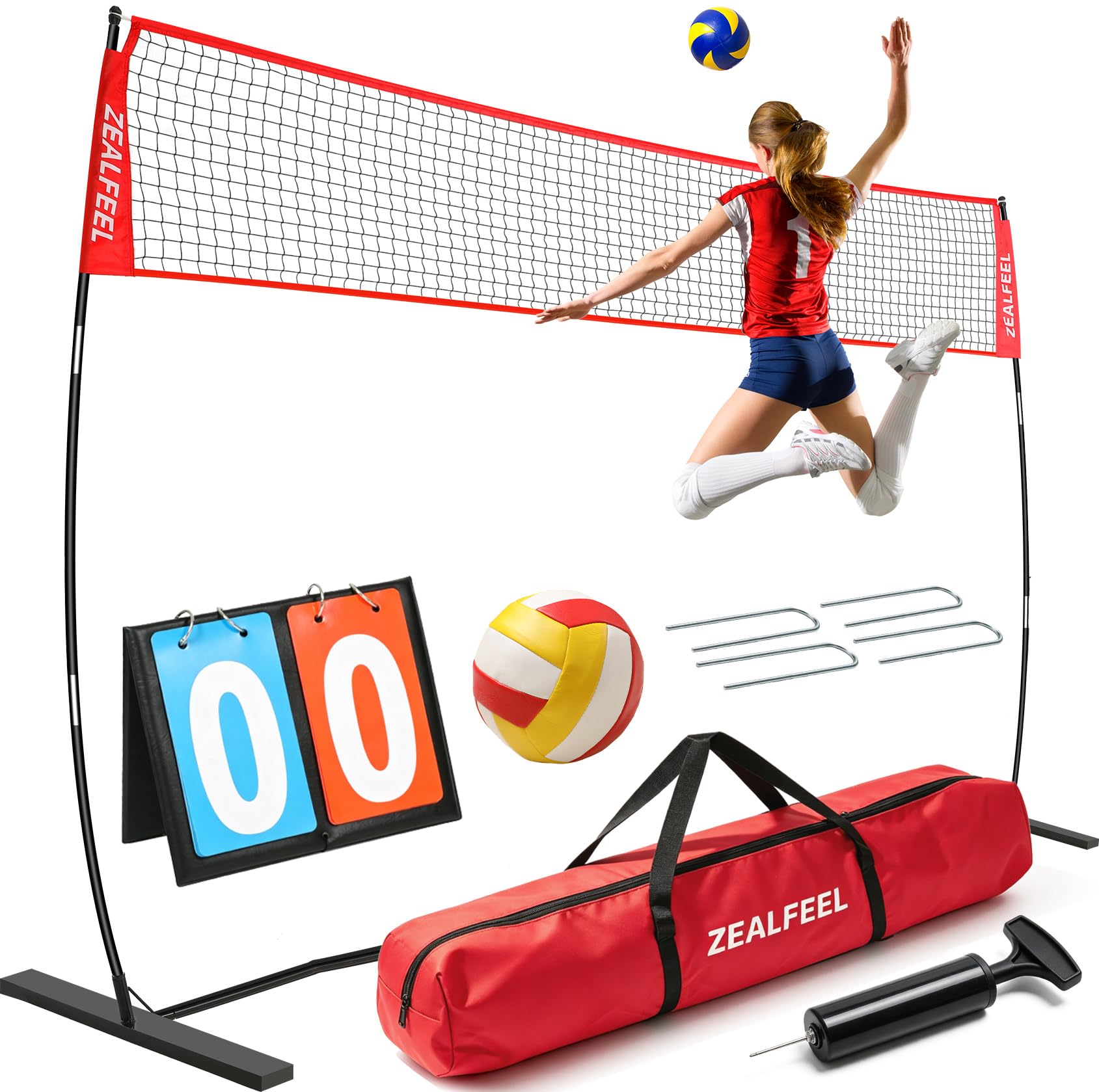 ZEALFEEL Volleyball Net Set, 12ft Height Adjustable Strong 3-ply Net Volleyball Training Net, Easy Install Practice Nets Portable with Carry Bag for Beach Park Backyard Indoor Outdoor