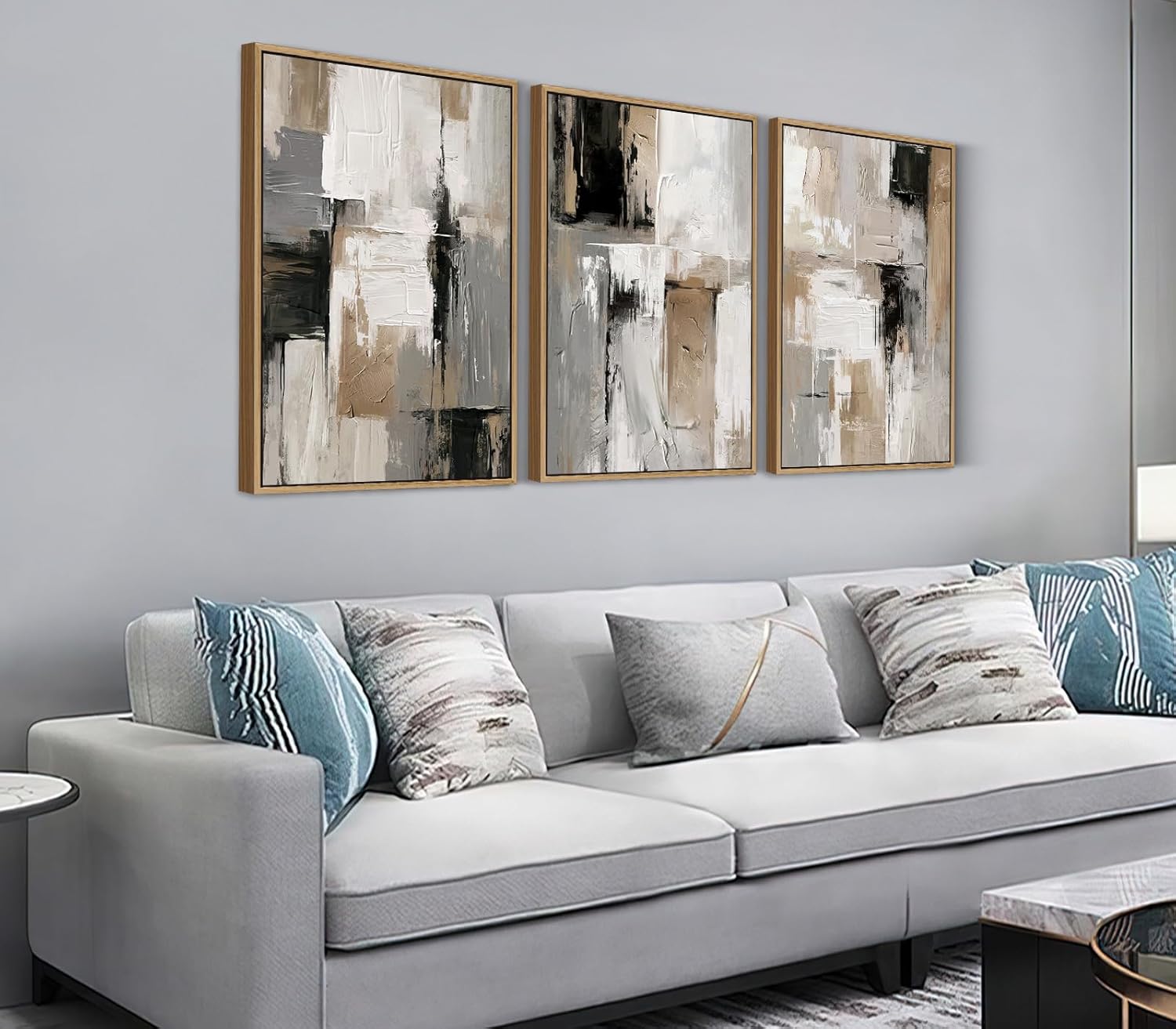 Shoci Large Framed Abstract Wabi Sabi Wall Art Modern Neutral Black Brown Graffiti Canvas Artwork Natural Float Framed Minimalist Gray White Decor for Living Room Bedroom Office 16X24 Inch Set of 3