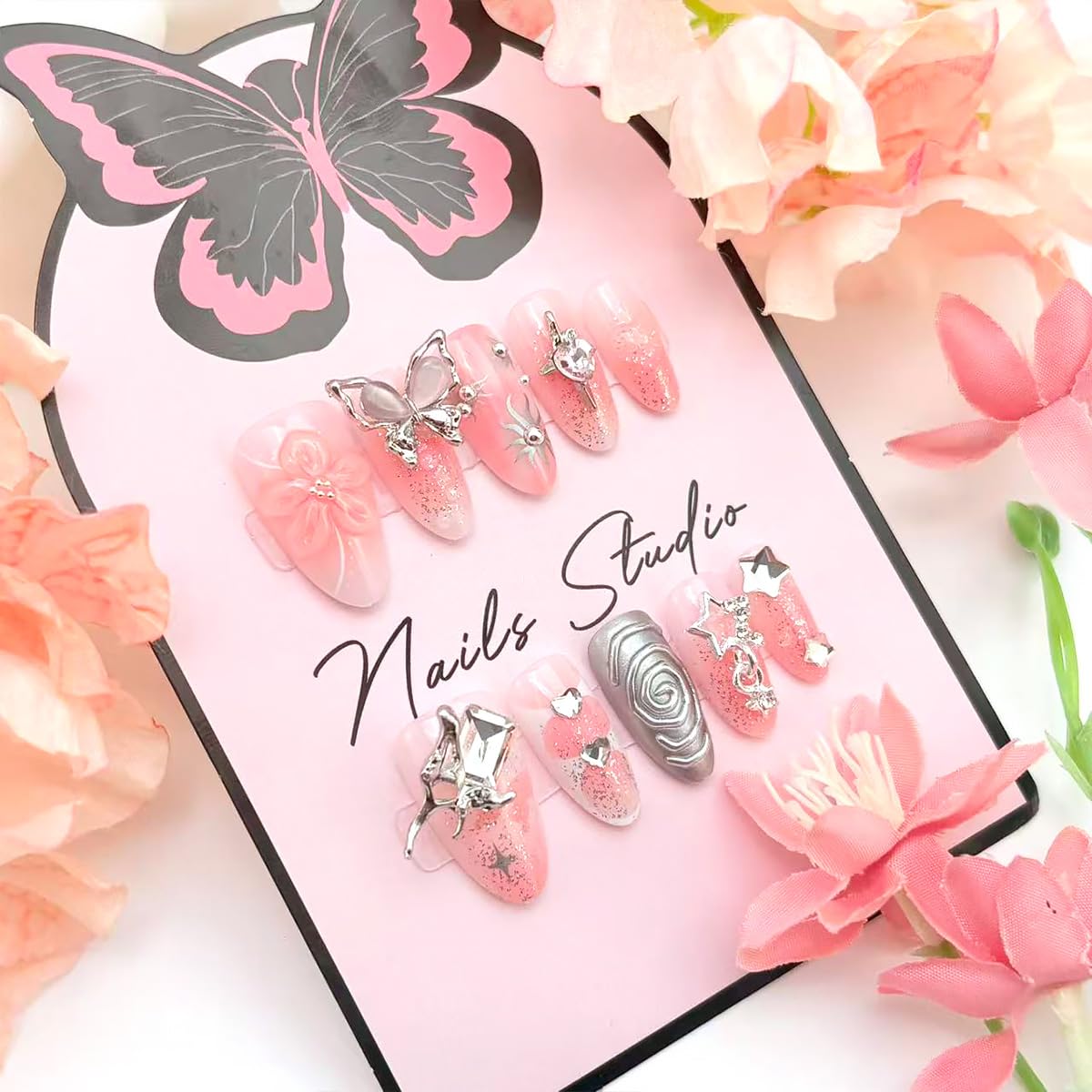 30Pcs Y2K Press on Nails Medium Almond Fake Nails with Butterfly Heart Star Rhinestones Design 3D Pink Flower False Nails Silvering Vortex Glue on Nails Silver Glitter Stick on Nail for Women Manicure