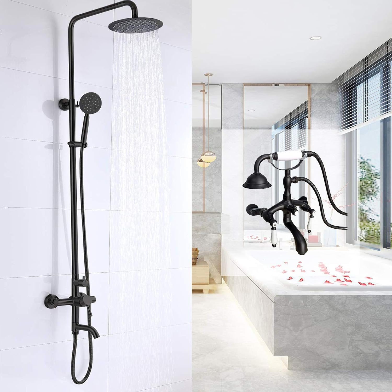 gotonovo Shower Faucet Set Matte Black Triple Function with Adjustable Hand Sprayer and Tub Spout with Clawfoot Tub Bathtub Matte Black Shower Faucet with Hand Shower Sprayer Wall Mount