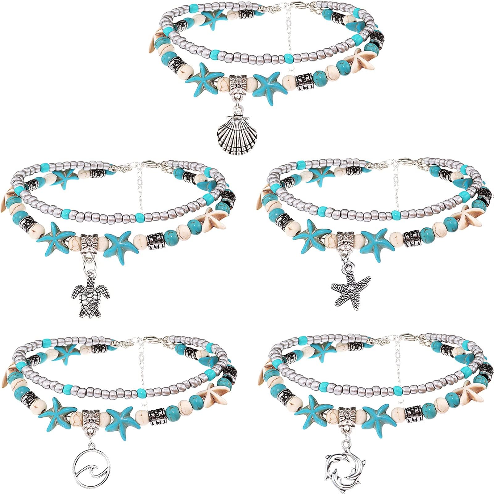 5pcs Ankle Bracelets for Women Layered Beach Adjustable Anklets Boho Chain Anklet Foot Jewelry