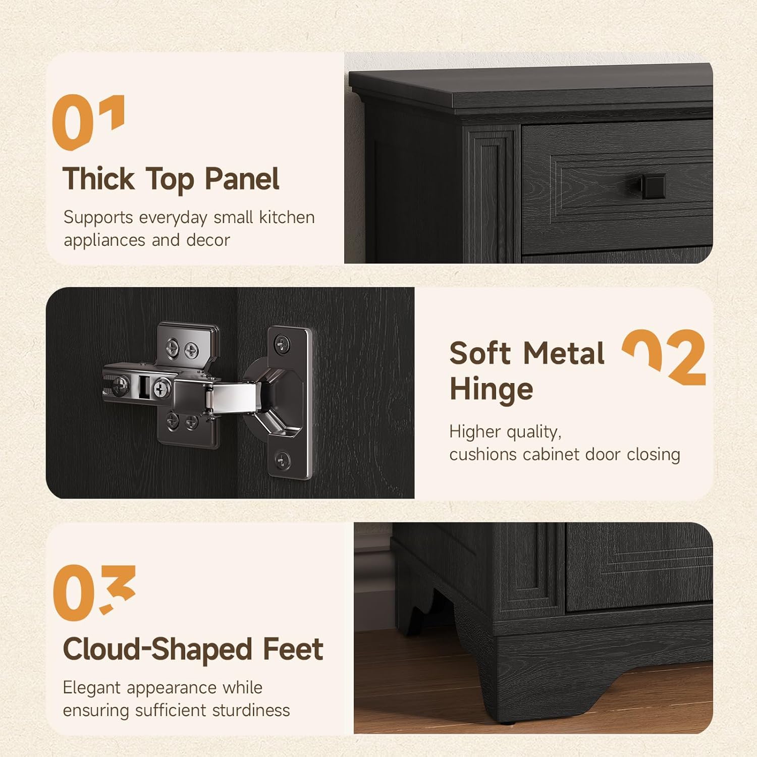 Close-up images detailing the thick top panel, soft metal hinges, and cloud-shaped feet of the sideboard