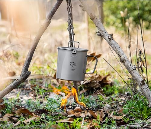 Miniatura 10 de KAPILA Taza de titanio de 16.9 fl oz, taza ligera para mochileros, camping, mango plegable, olla de titanio con tapa, camping, senderismo, picnic,