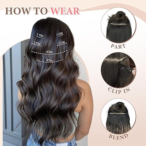 Miniatura 4 de Synthetic Clip in Hair Extensions, 6PCS Natural &Soft Hair& Blends Well Lonng Wavy Hairpieces(20inch,6pcs, Black with Brown Highlights)