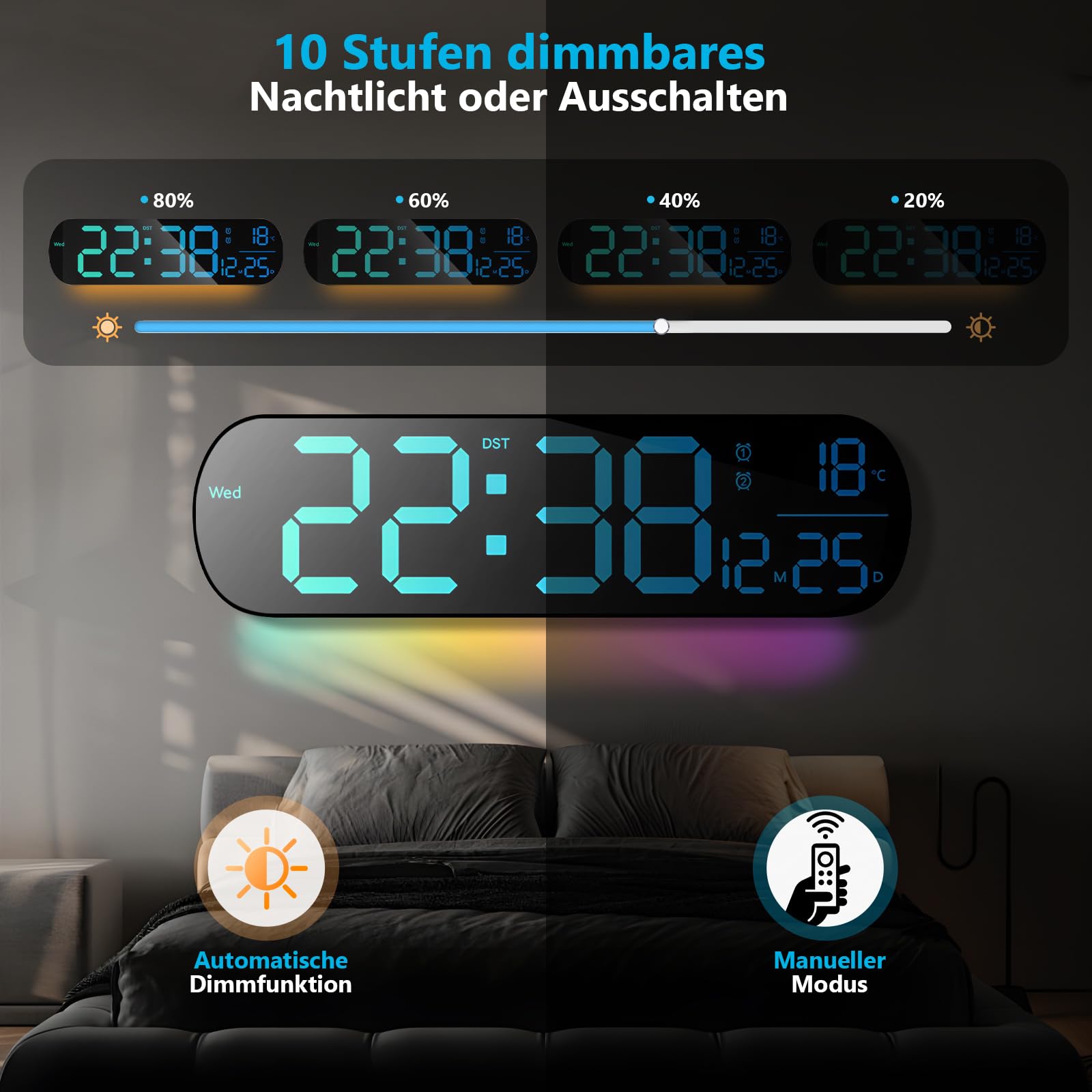 Grande horloge murale numérique de 30,5 cm avec compte à rebours, réveil, grande LED, 11 couleurs RVB, affichage de l'heure d'été et de la température pour salon, salle de classe, bureau, Noël et