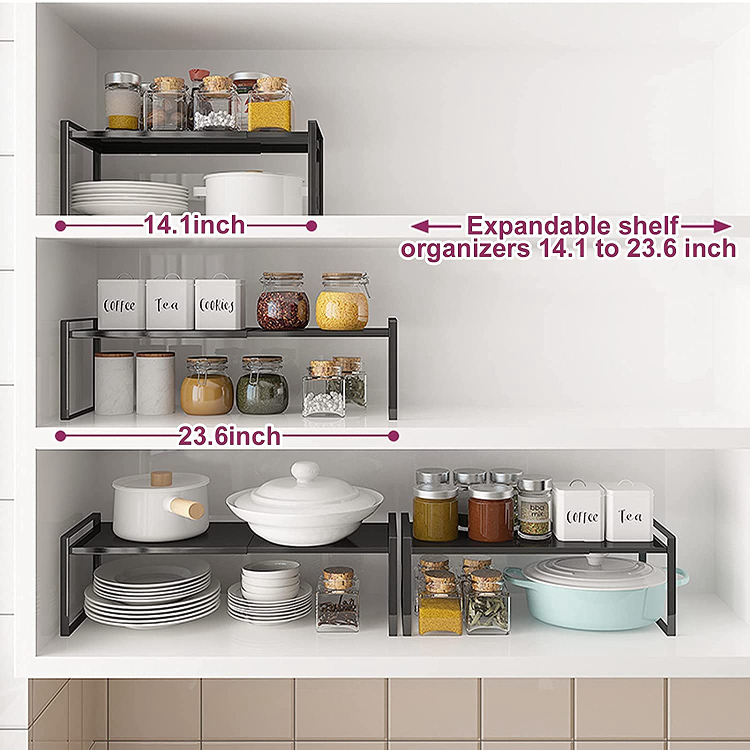 KZOBYD Erweiterbar Küchenregal, Faltbares Küchenschrank Regal Küchen Gewürzregal Organizer für Geschirr und Vorräte Stapelbarer Küchenablage Organizer für mehr Abstellfläche (Schwarz, L)
