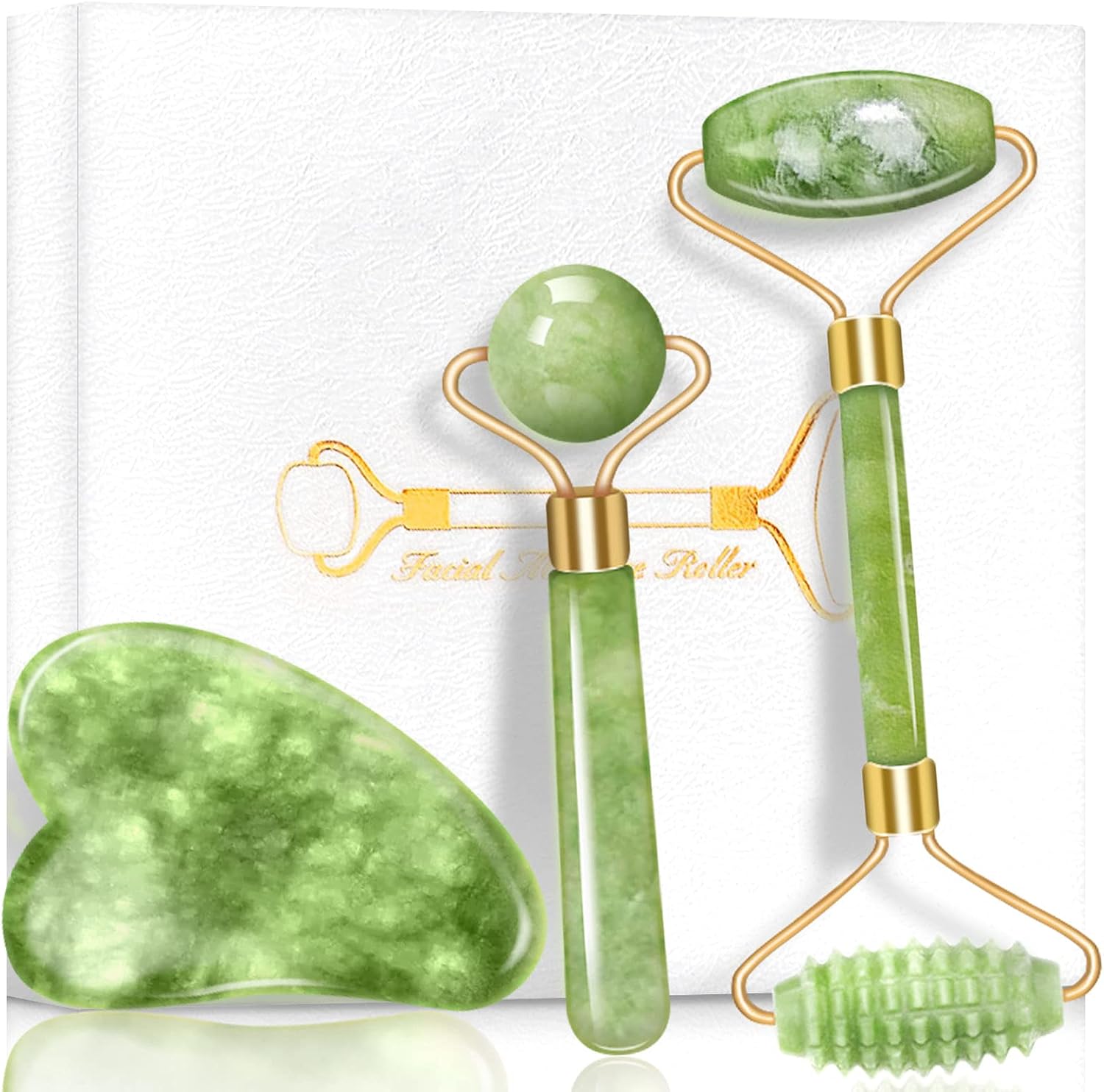 Gua Sha Real Jade Roller Stone Kit 3 in 1 Facial Beauty Roller Skin Care Tools Natural Quartz Anti Aging Massager for Face, Eyes, Neck, Body Muscle Relaxing and Relieve Fine Lines and Wrinkles : Beauty & Personal Care