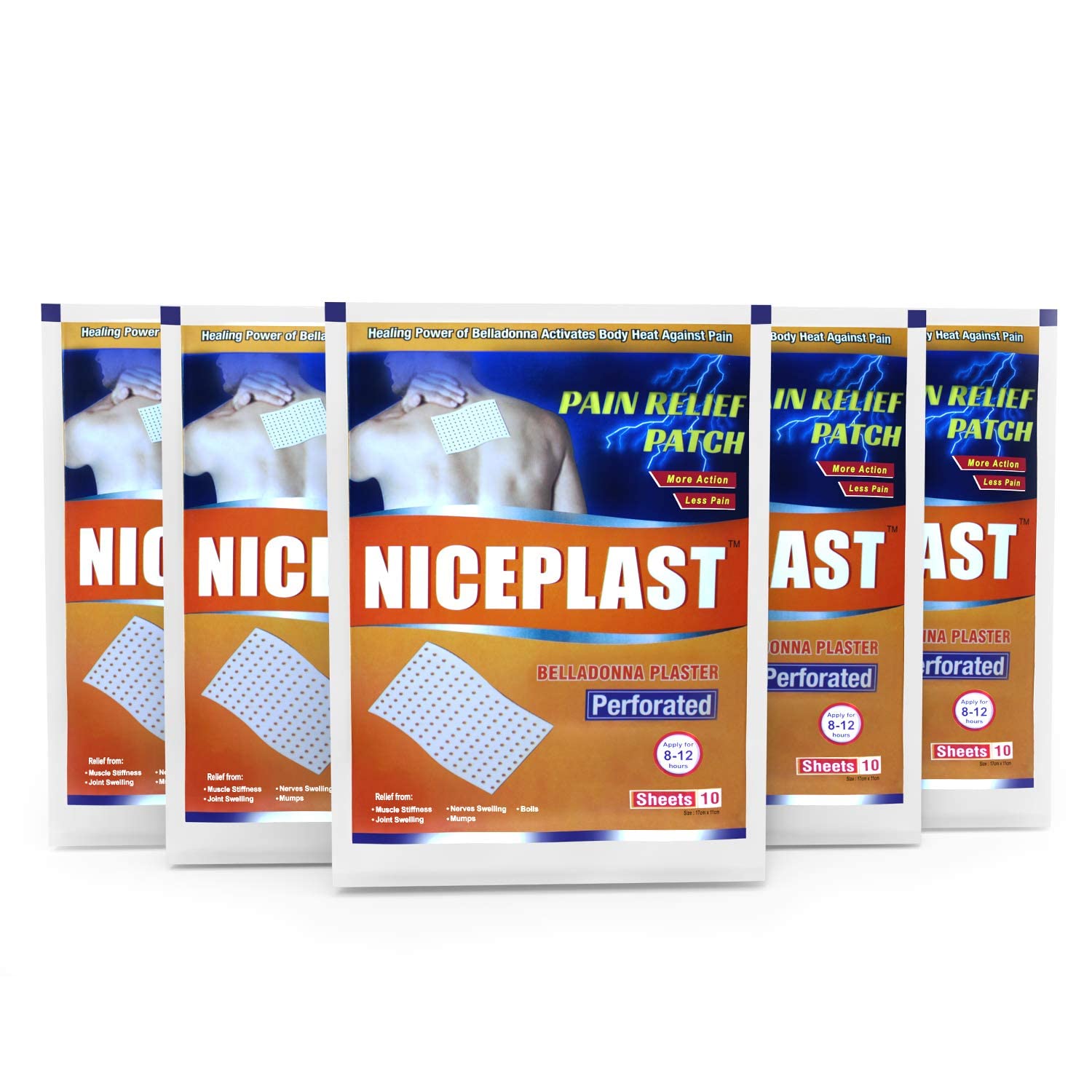NICEPLAST Belladonna Plaster Patches for Back, Shoulders, Muscles, Joints, and Nerves - 5 Packs (50 Patches)