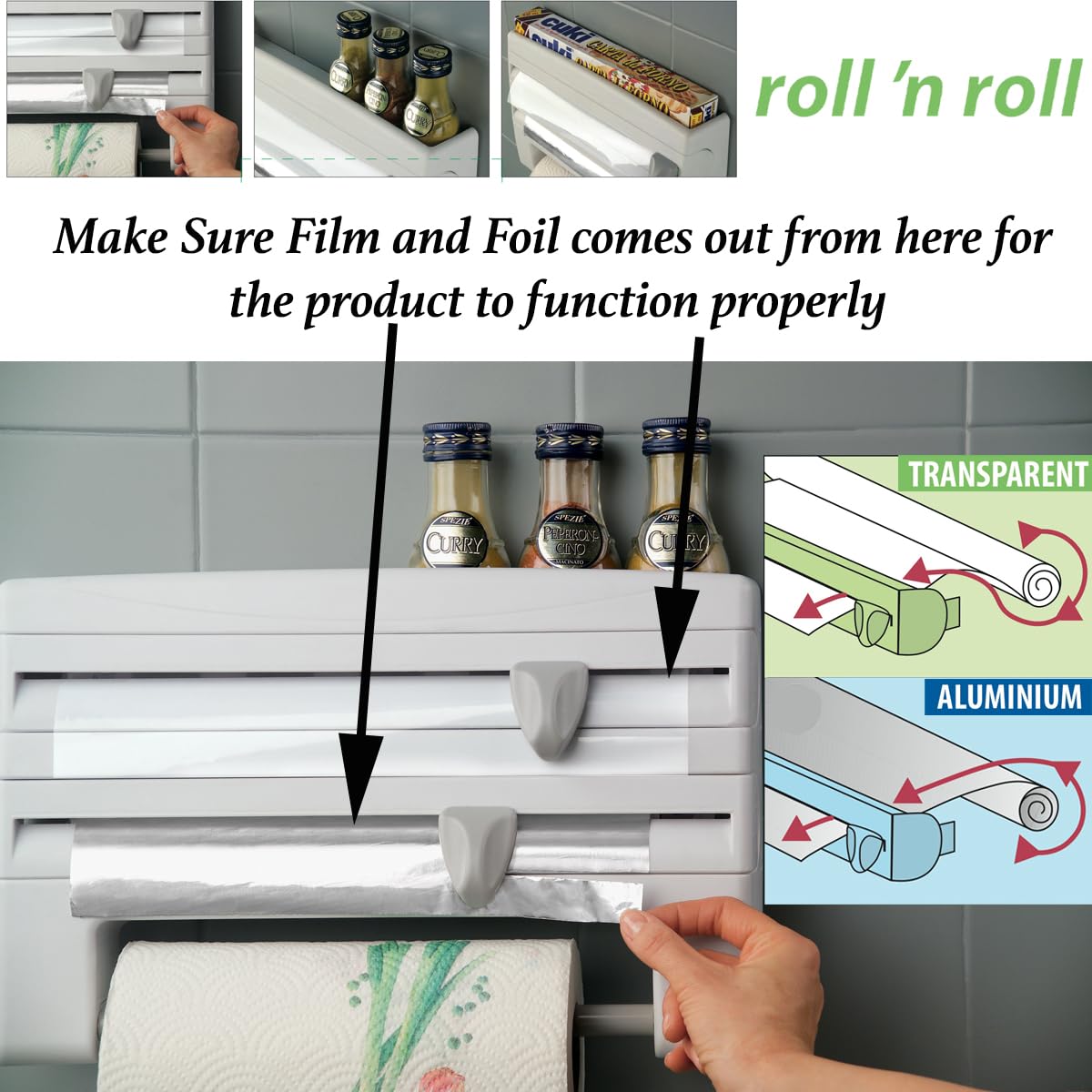 Metaltex 254410 Dispenser portarotolo da cucina Roll-n-Roll 4-in-1, bianco, 39 x 10 x 25 cm.