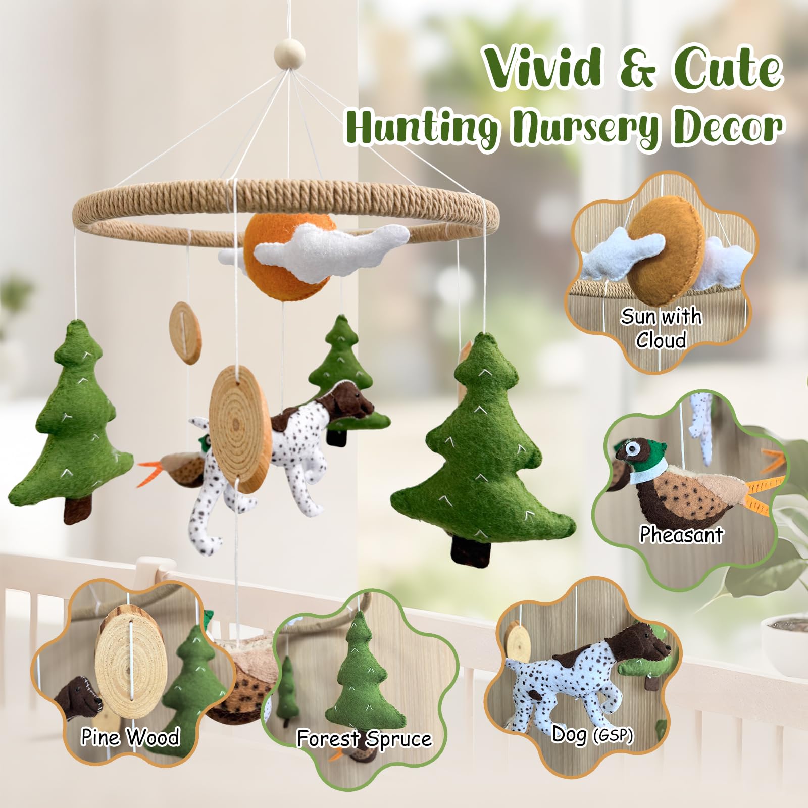 Mobile pour bébé pour berceau, chasse au faisan, berceau de bébé pour garçons et filles, fait à la main, décoration de chambre d'enfant, décoration de chasse à faisan, cadeau de nouveau-né
