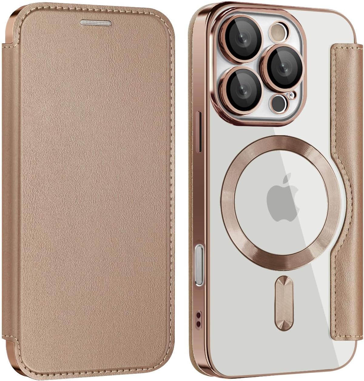 Flip Case for iPhone 16 Pro Max Clear Cover Support MagSafe |RFID Blocking| Wallet Purse Shockproof Leather Cover Individual Protection for Each Lens Phone Skin for iPhone 16 Pro Max Desert Gold