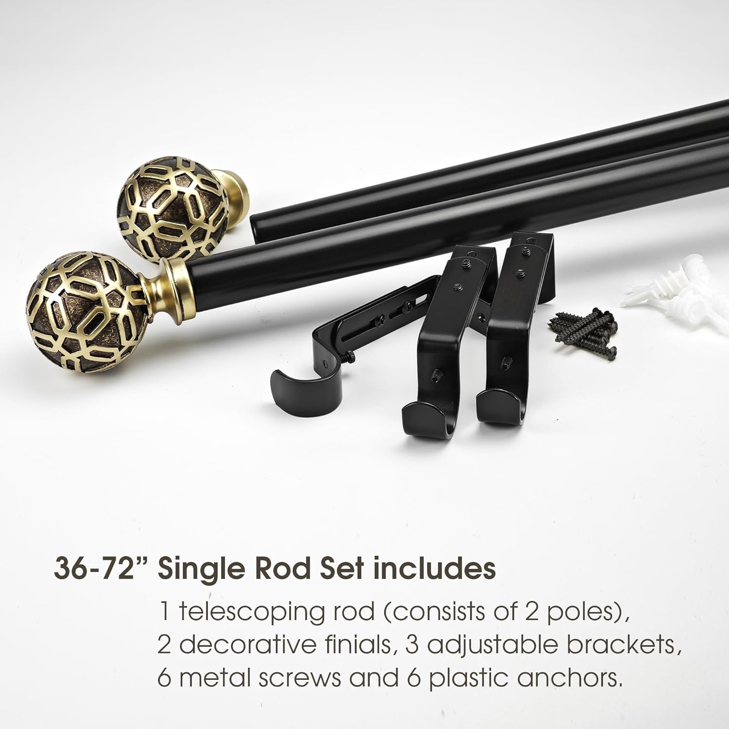 1-1/8 Inch Diameter Dark Bronze Curtain Rods with Filigree Ball Finial, 36-72'' Telescoping Single Curtain Rods for window width 24-68 inch, 1 pack
