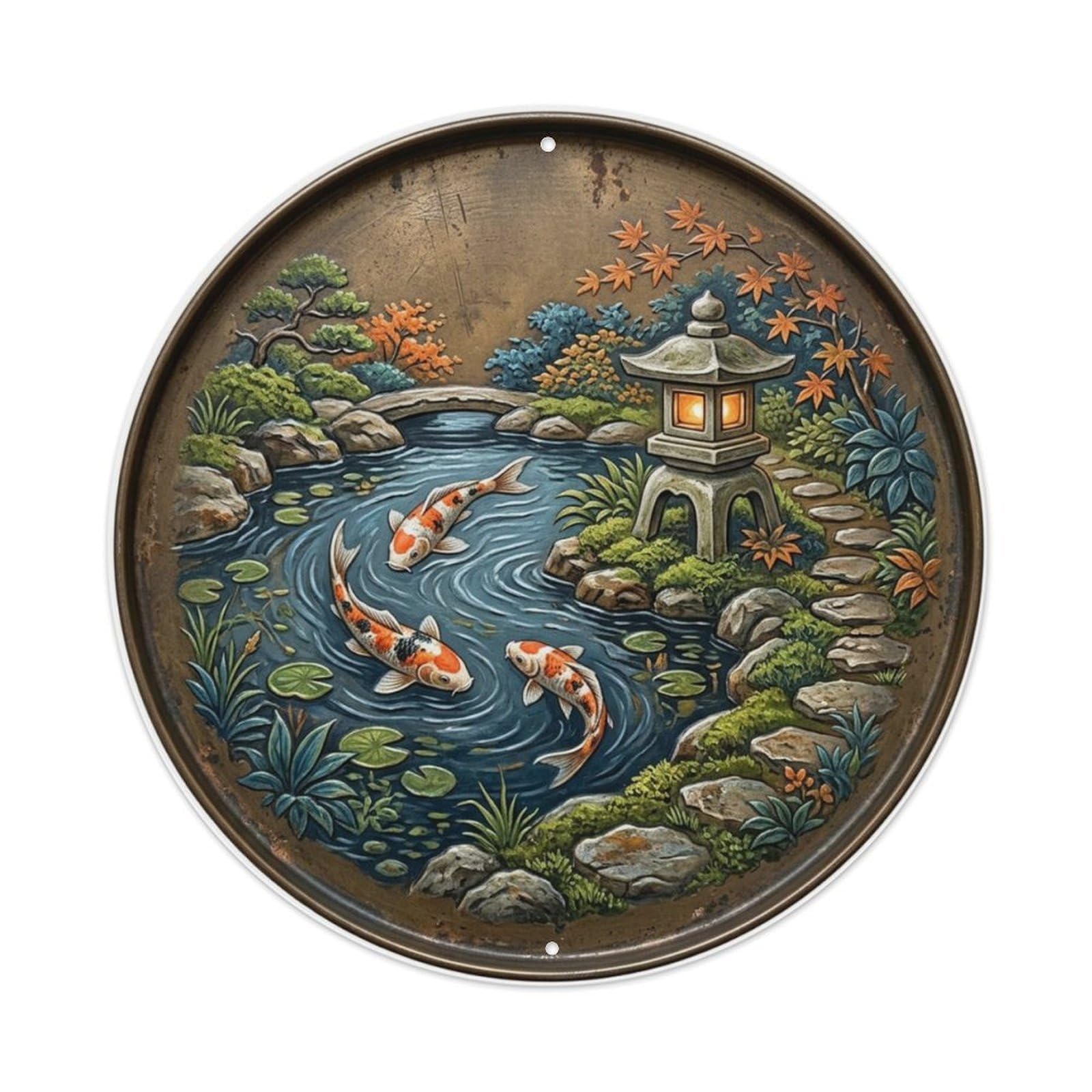 Stone Lantern Pathway Koi Fish Metal Tin Sign Plaque Wall Decor for Cafe, Club Bar, Office, Home Garden Round Metal Poster 8x8Inch