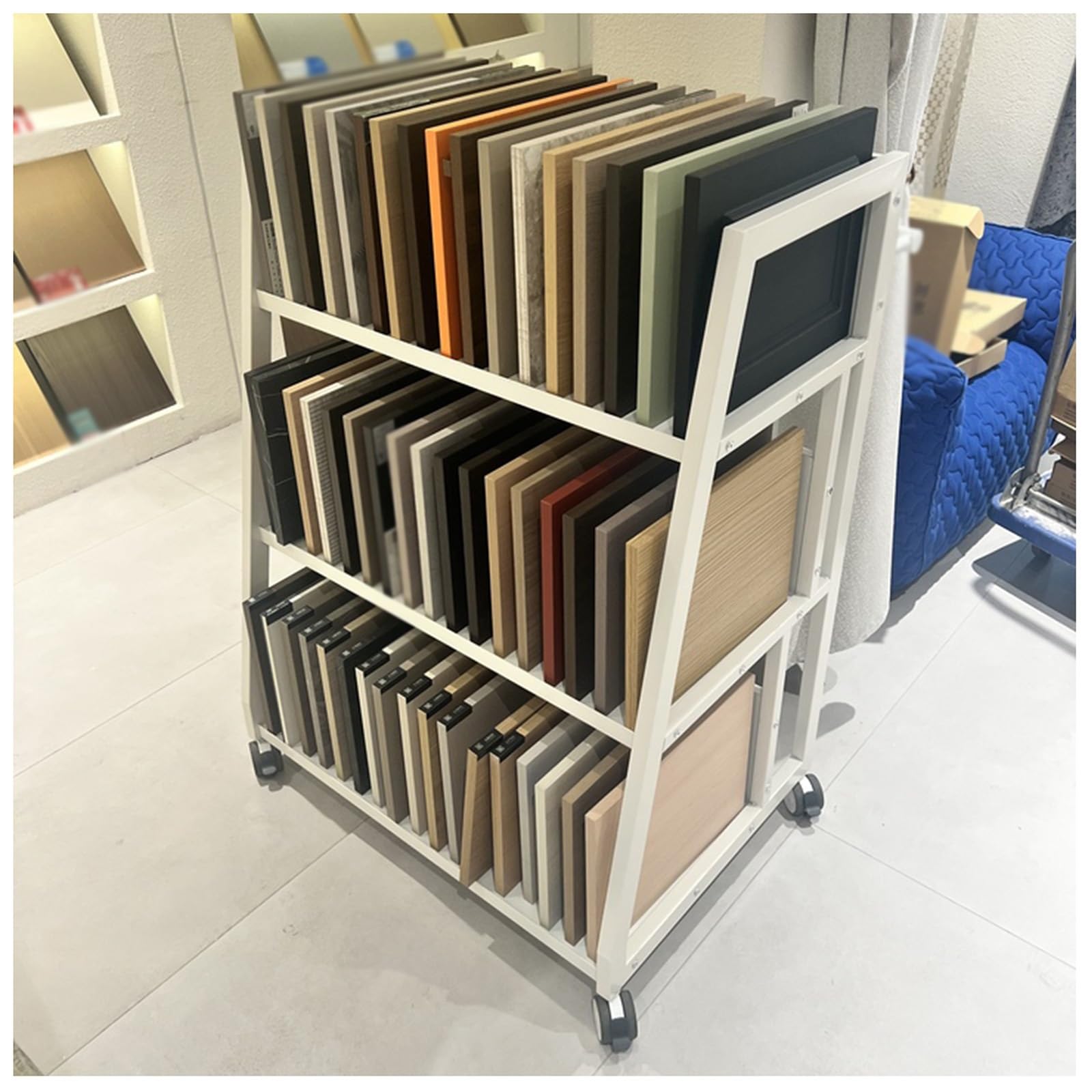 NQNFWCRJ 3-Tier Metal Tile Rack with Wheels and Movable Swivel Floor Tile Display Stand Trapezoidal Structure Architectural Sample Floor Tile Display Rack