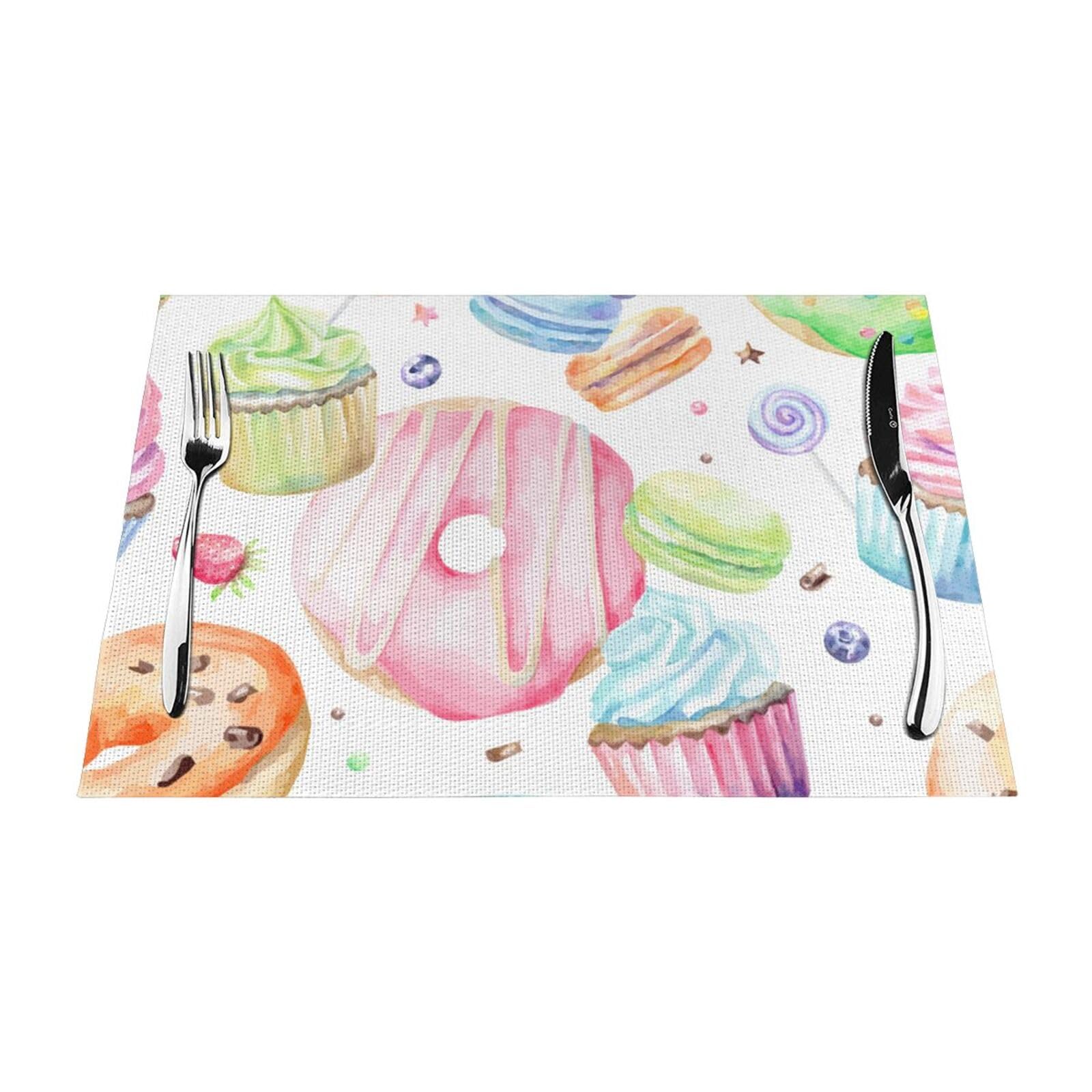 PVC Placemat Set of 1 PCS, 45x30 CM, Cupcakes Donuts Muffins Sugar Printed Non-Slip Heat Resistant Place Mats for Kitchen Dining Table Indoor Outdoor