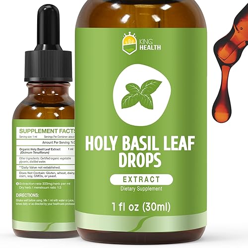 Tintura líquida de extracto de hoja de albahaca sagrada (Tulsi), suplemento de hierba de albahaca santa, 98% de absorción, sin alcohol, vegano, sin