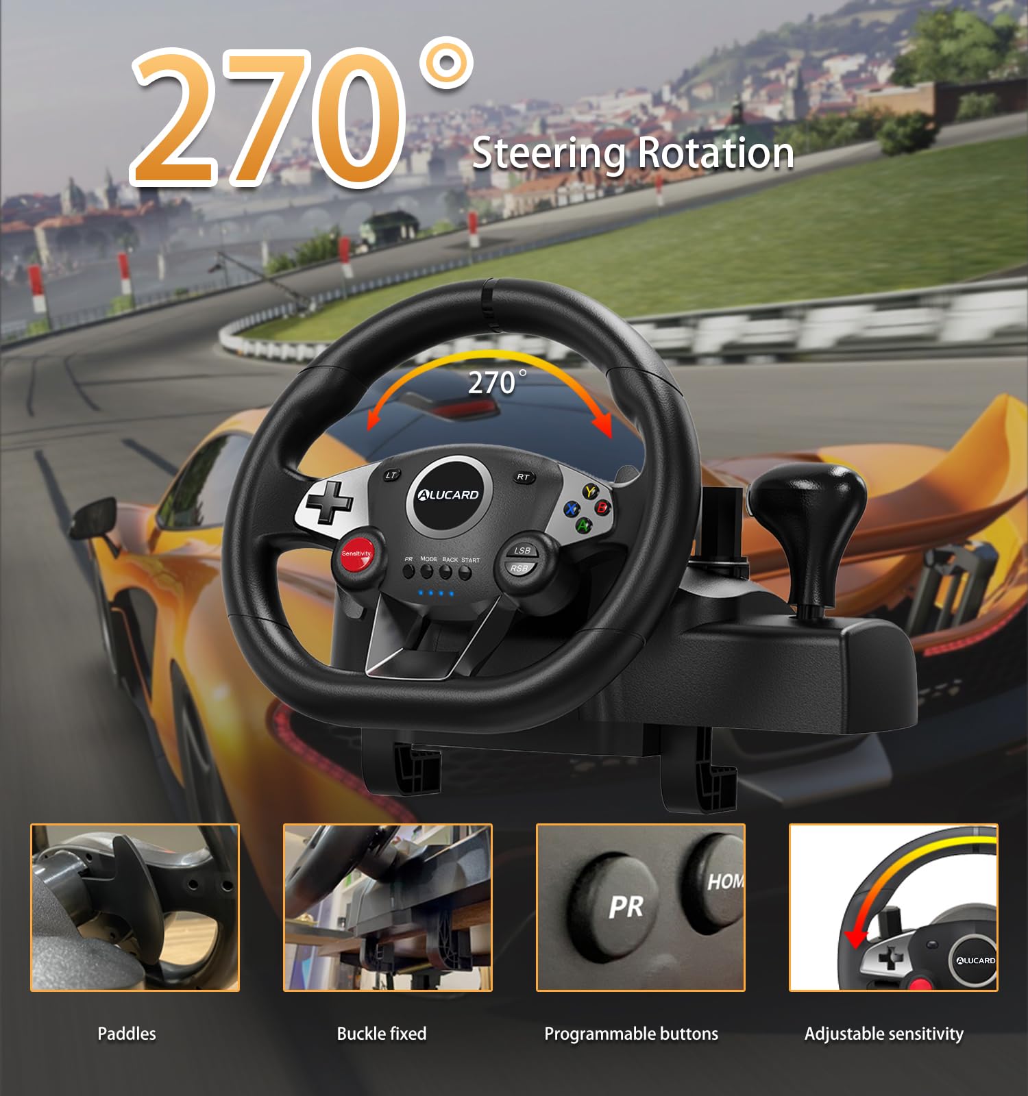 VooFun Volante PC con Pedali, Volante Gaming a 270° Compatibile con PC/ PS4/ Switch/ PS3/ Xbox One/Xbox 360, Racing Wheel con Pulsanti Programmabili, Feedback con Vibrazione, Nero