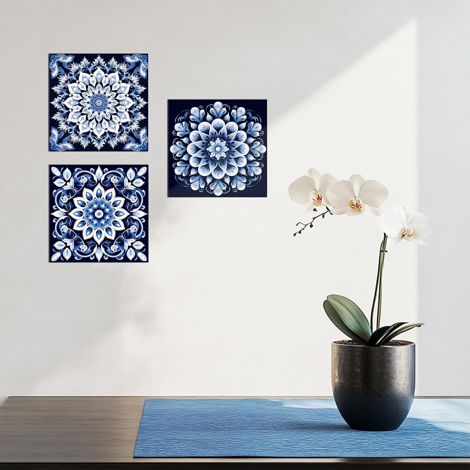 PLIDAAYO Mandala Boho Flower Wall Art 3 Pieces Abstrac Navy Blue Flower Pattern Canvas Print Picture Vintage Floral Poster Painting for Bedroom Living Room Home Decor(Flo-01,24"x24"x3)
