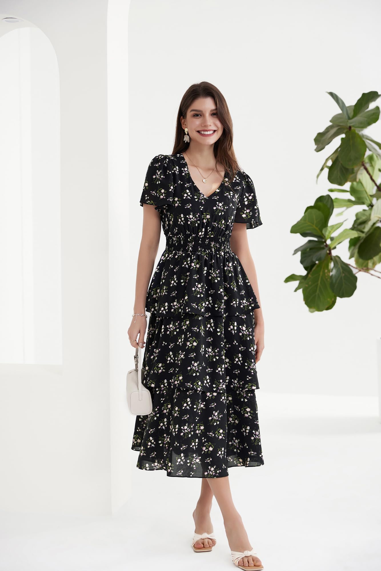 GRACE KARIN Donna Abito Midi Svasato A-Line Scollo V Maniche Corte Vita Elastica