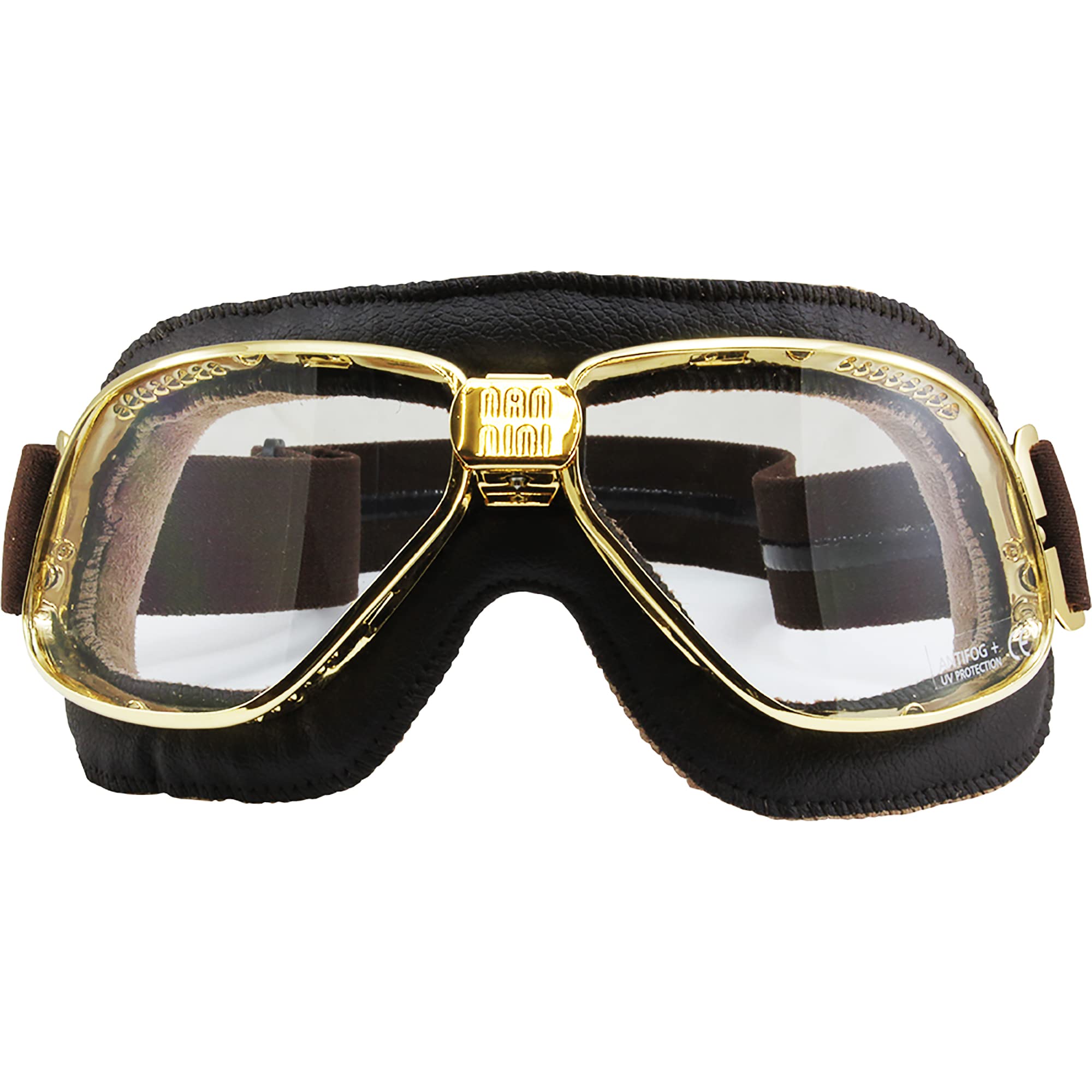 Nannini Biker Padded Motorcycle Goggles Hand-Sewn Brown Leather/Chrome Frames Clear Mirror Anti-Fog Lenses