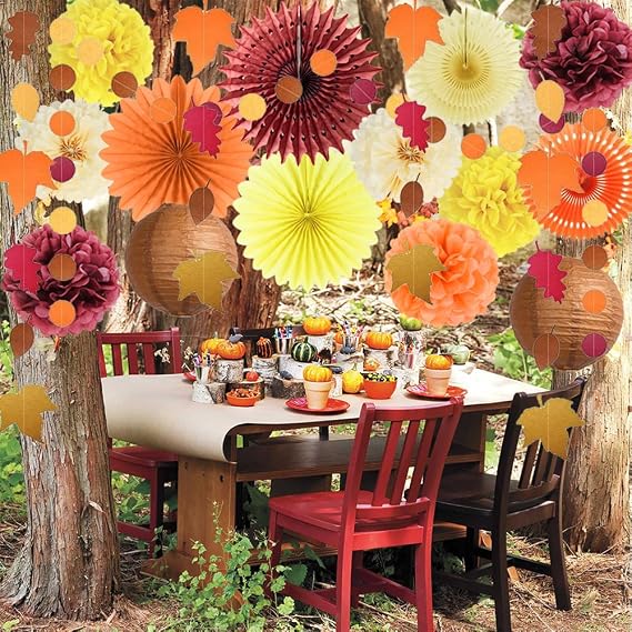 Fall Party Decorations Orange Burgundy Paper Fans Paper Pom Poms Lanterns Maple Leaf Garland Circle Dot for Autumn Harvest Birthday Fall Bridal Shower Baby Shower Thanksgiving Party Decor