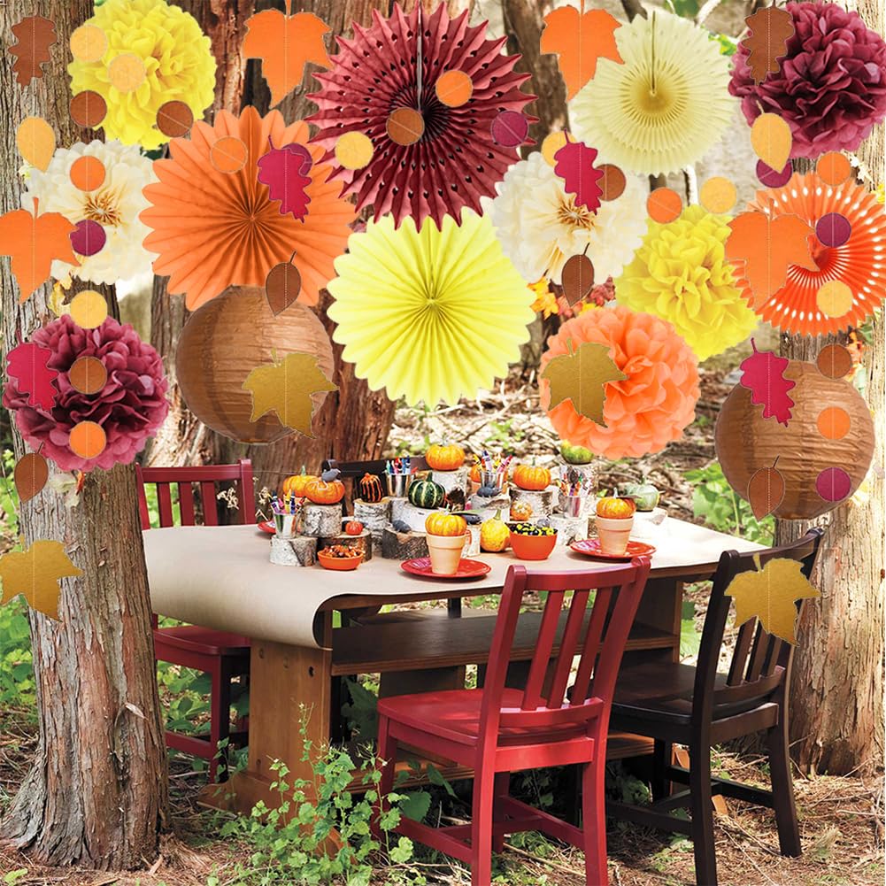 Decoraciones de Fiesta de Otoño: Abanicos de Papel Naranja y Burdeos, Pompones Amarillos, Faroles, Guirnalda de Hojas de Arce, Lunares Circulares para Cosecha, Cumpleaños