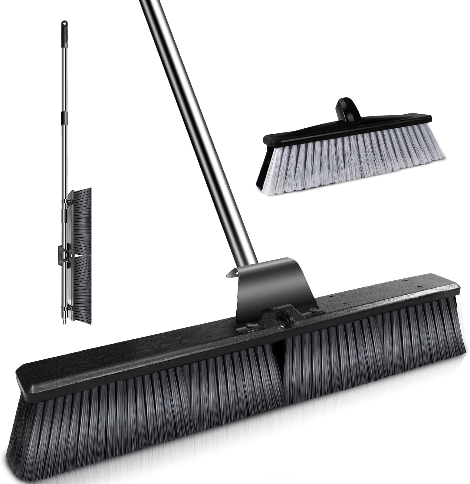 ZNM Push Broom Outdoor 24.8 inch Heavy Duty Broom with Stiff Bristles & 56.7" Long Handle, Garage Brooms for Sweeping Shop, Deck, Yard, Patio, Garden, Concrete Floor, 2 Brush Heads