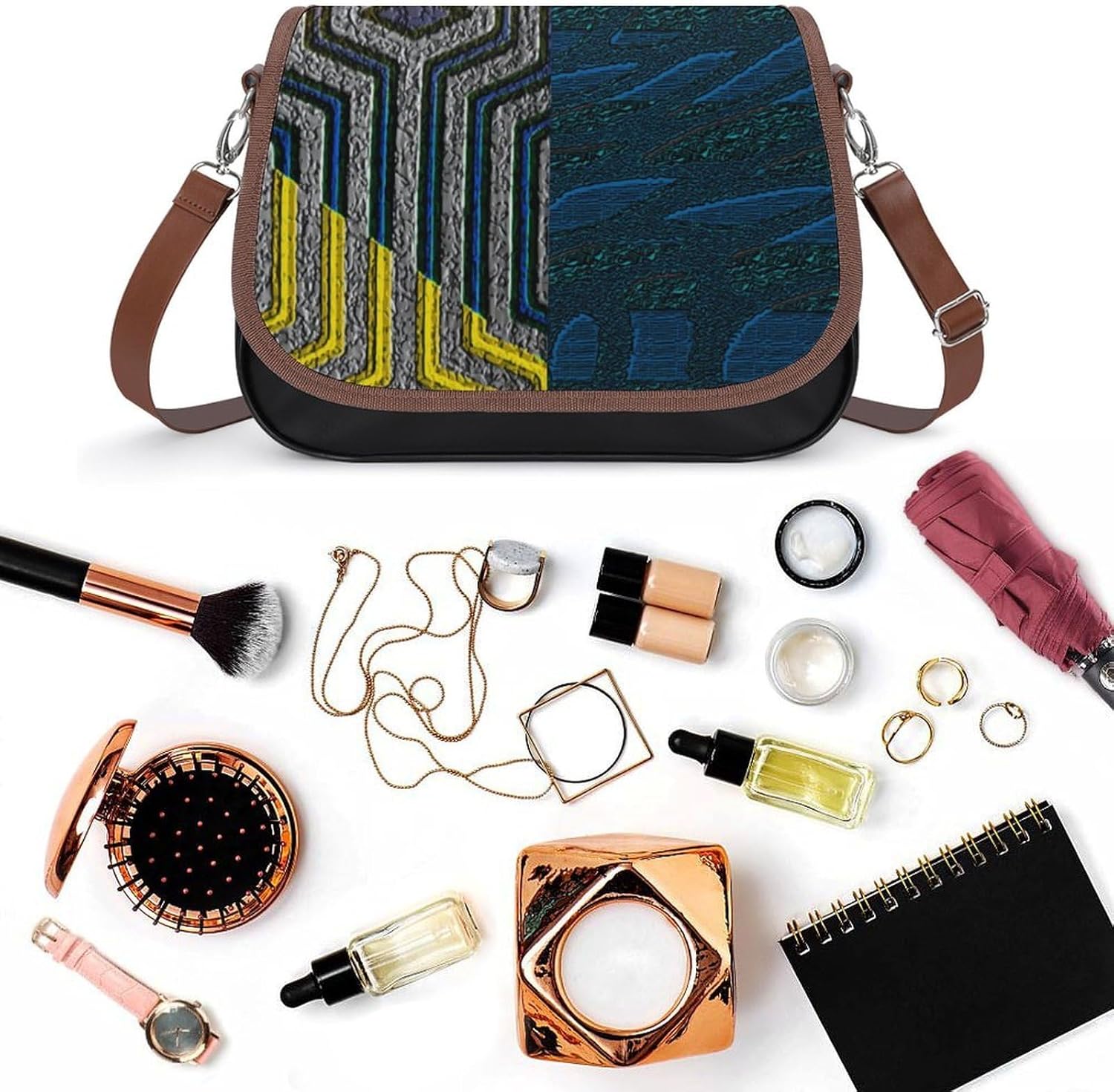 Kuba Cloth PrintWomen's Faux Leather Crossbody Bag, Waterproof Wrinkle-Resistant Shoulder Bag with Detachable Strap, Large Capacity Casual Handbag, Fashion Daily Purse for Shopping Work Dating, Ideal