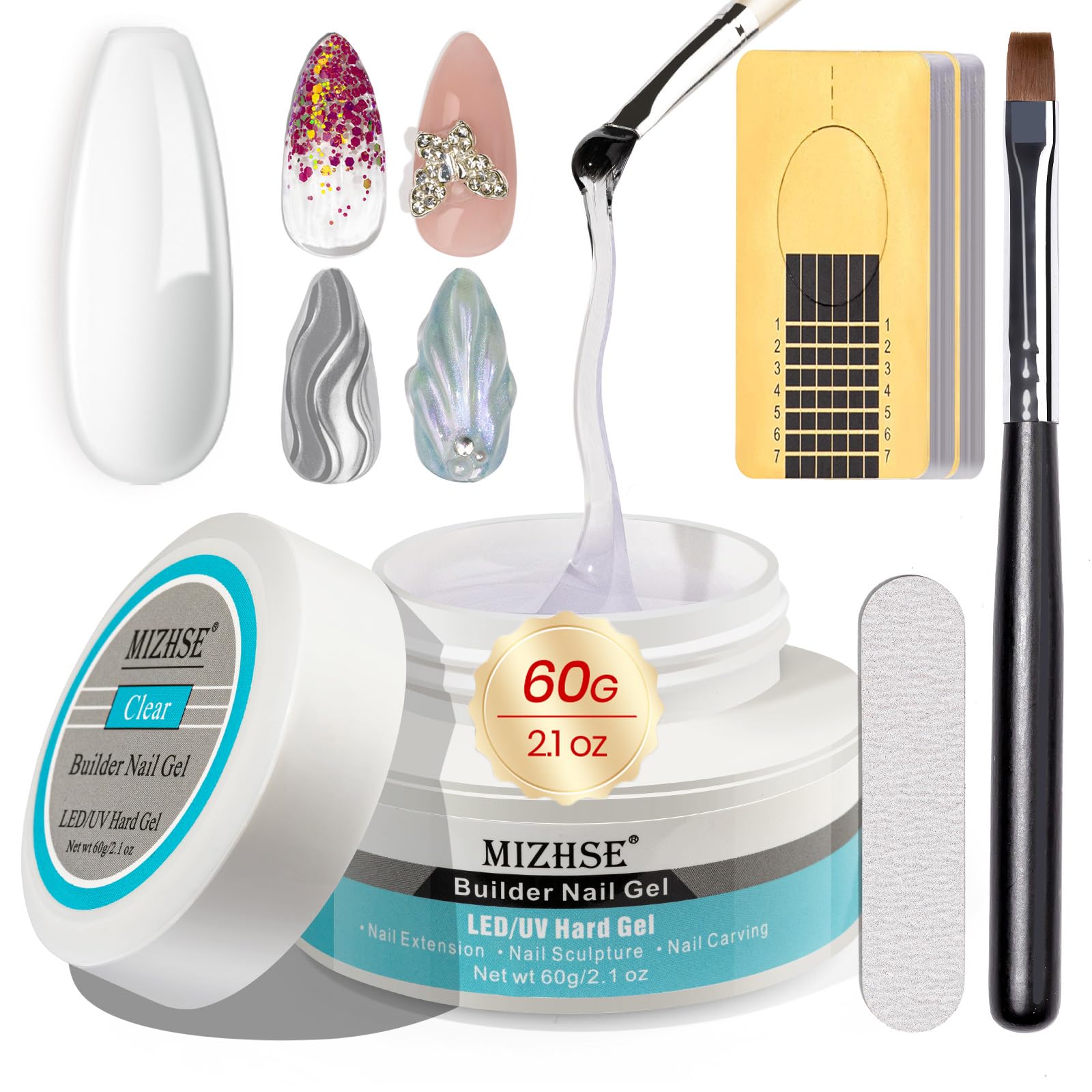 MIZHSE Builder Gel For Nails - 60g Clear Hard Gels Builder Nail Gels For Extension Gel Nails Strengthen Nail Art Manicure Kit With 100pcs Dual Forms