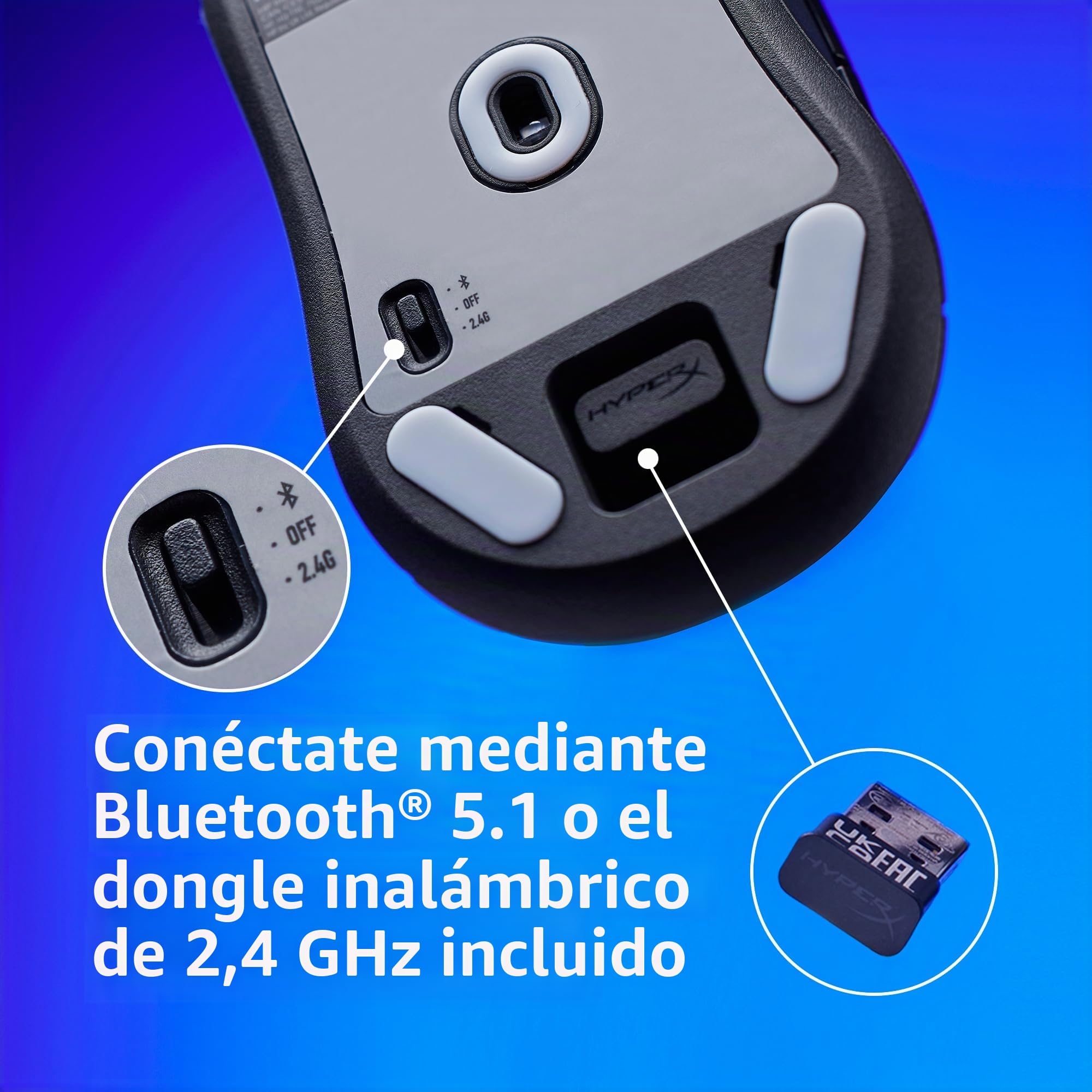 HyperX Pulsefire Haste 2 Mini Wireless - Ratón gaming inalámbrico de tamaño reducido, ultraligero 61g, batería 100h, bluetooth, color negro