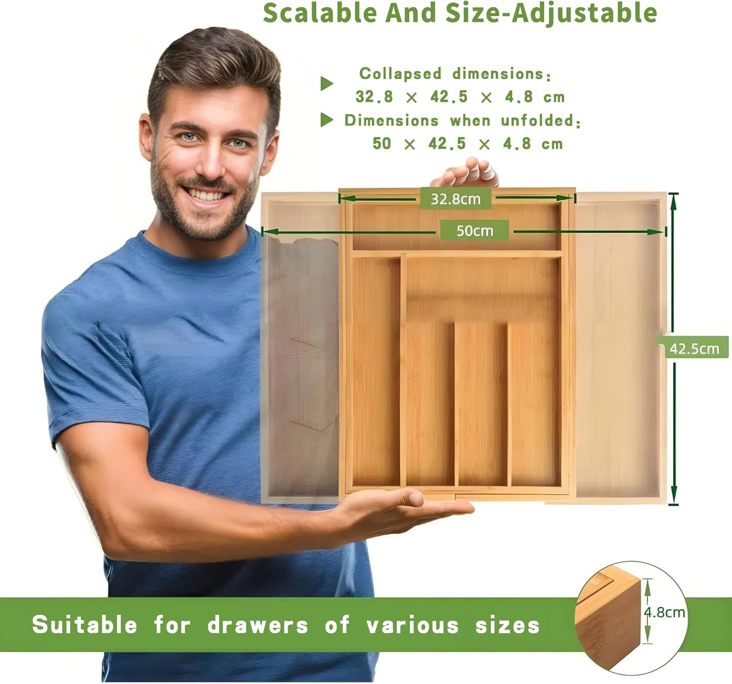 Bamboo drawer organizer for silverware and kitchen utensils - expandable wooden drawer organizer with Durable Smooth Finish, Eco-friendly Sustainable design