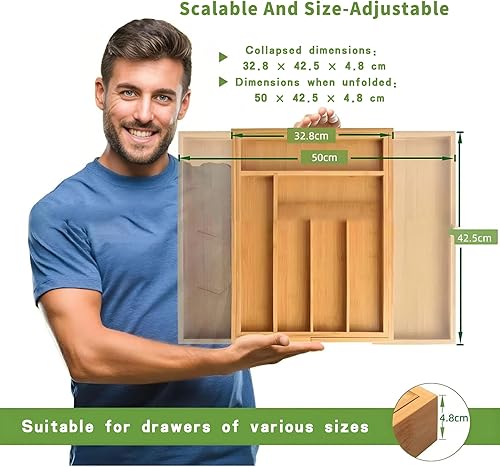 Miniatura 2 de Organizador de cajones de bambú para cubiertos y utensilios de cocina, organizador de cajones de madera expandible con acabado suave duradero,