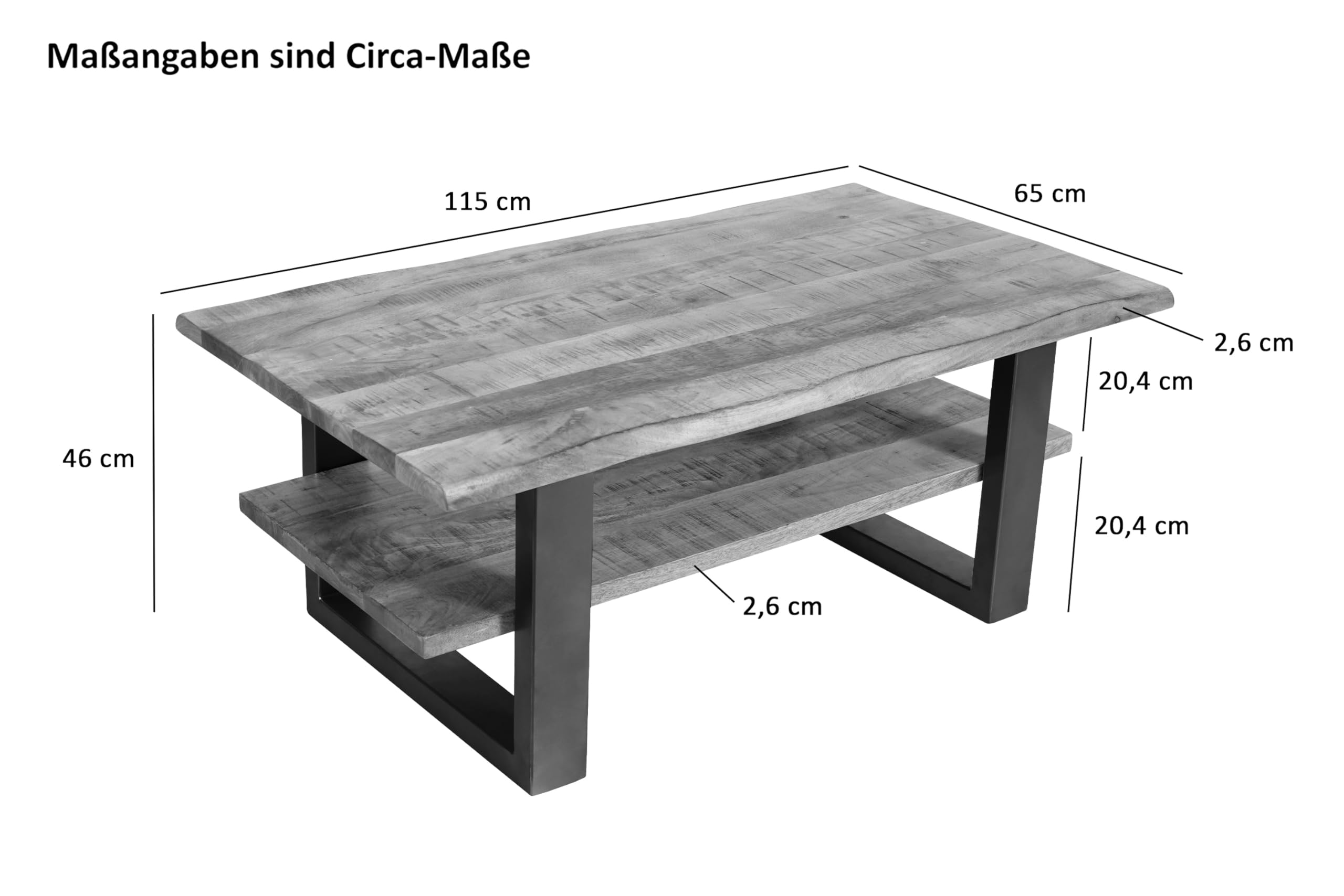 SAM Couchtisch Patrick 115x65 cm Mangoholz Honig lackiert U-Gestell schwarz | Mangoholz massiv, honigfarben, Sofatisch/Beistelltisch mit Ablage, echte Baumkante, Metallgestell
