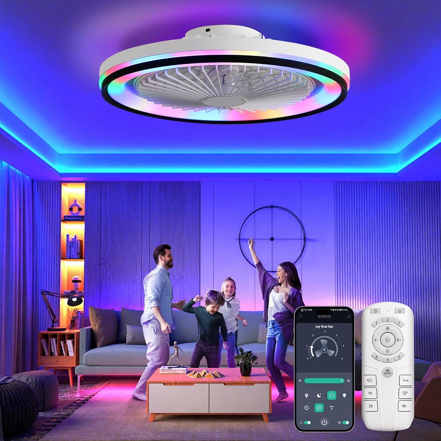 CACI Mall RGB Ceiling Fan with Lights and Remote, Low Profile Flush Mount Modern Bladeless Smart Ceiling Fan for Bedroom Kids Room Living Room, 19 Inch, White