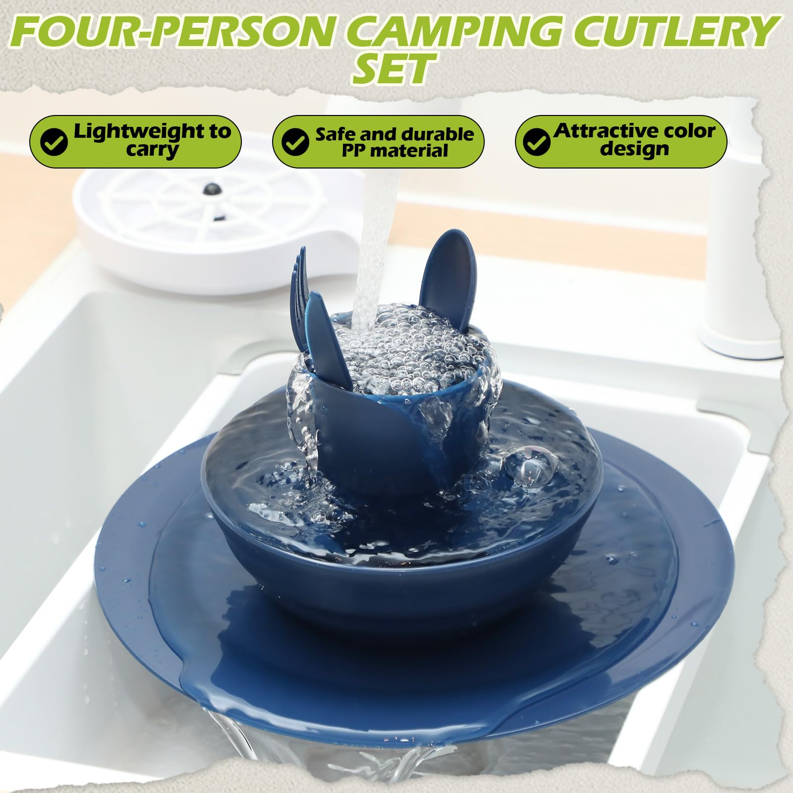 Tioncy Set di 4 posate da campeggio da 29 pezzi, set da tavola da campeggio, infrangibili, piatti, tazze, ciotole, coltelli, cucchiai, forchette, utensili con borsa nera, per viaggi, picnic,