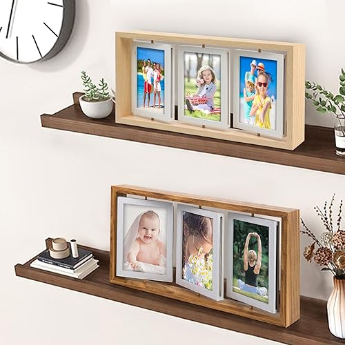 Miniatura 3 de ZEEYUAN Marco de fotos giratorio de 4 x 6 pulgadas, marco de fotos familiar rústico de doble cara, marco de fotos de madera flotante de 4 x 6