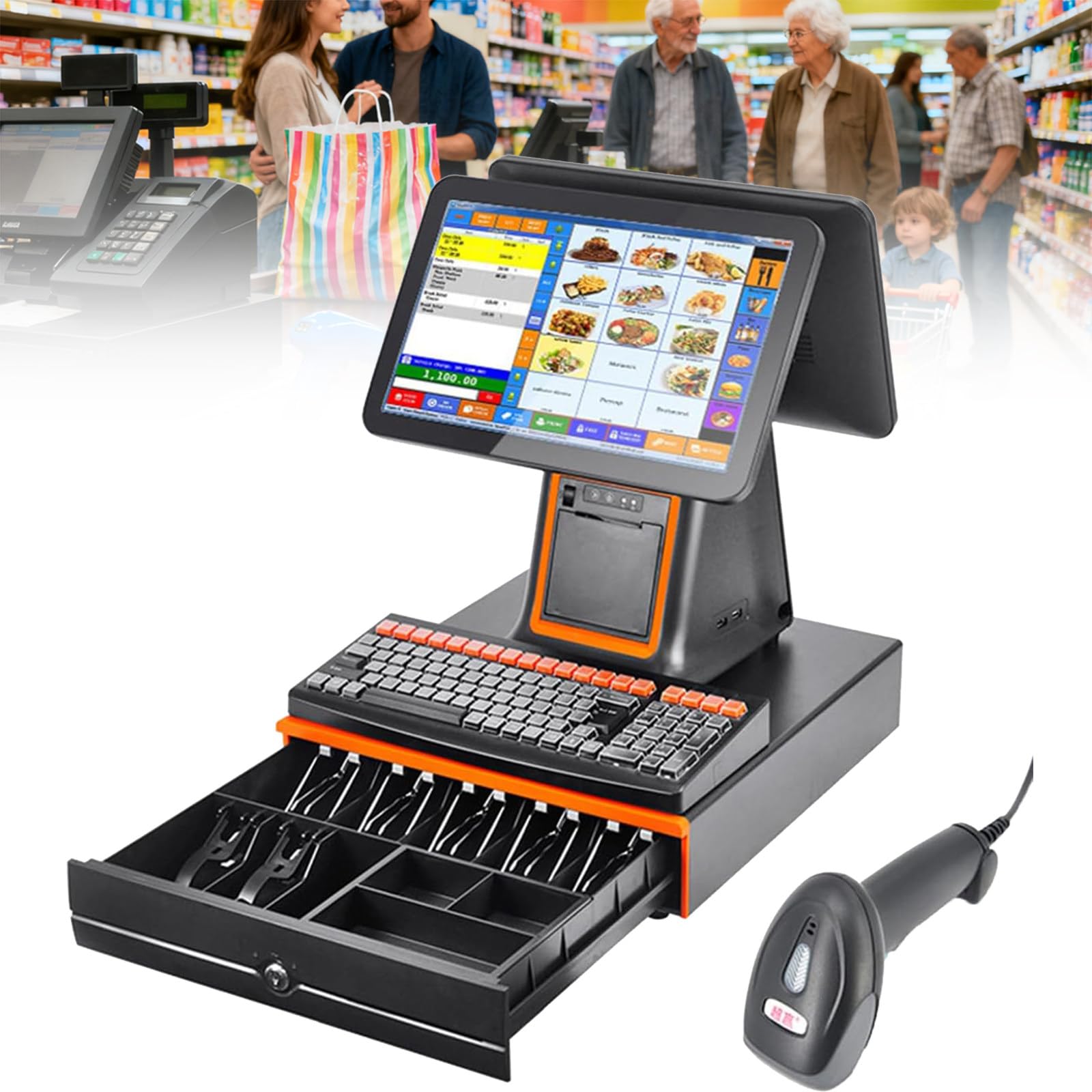PtaTritious Smart Cash Register POS System Terminal Machine, 58mm Thermal Printer, with 15.6” Dual Touch Screen,with 8gb Ram, 128g Ssd, for Small Businesses and Retailers Black