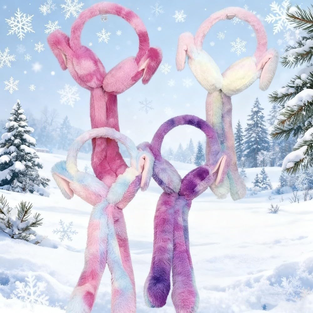 ReachMall Cache-oreilles en peluche dégradé avec lapin, bandeau d'hiver doux et chaud pour enfants filles jeux en plein air par temps froid