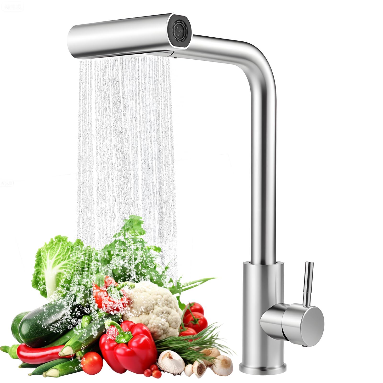 Grifo de Cocina con Cascada, Grifo Giratorio de Acero Inoxidable con 4 Modos de Chorro Boquilla ExtraíBle y Mezclador Monomando para Cocinas Moderna
