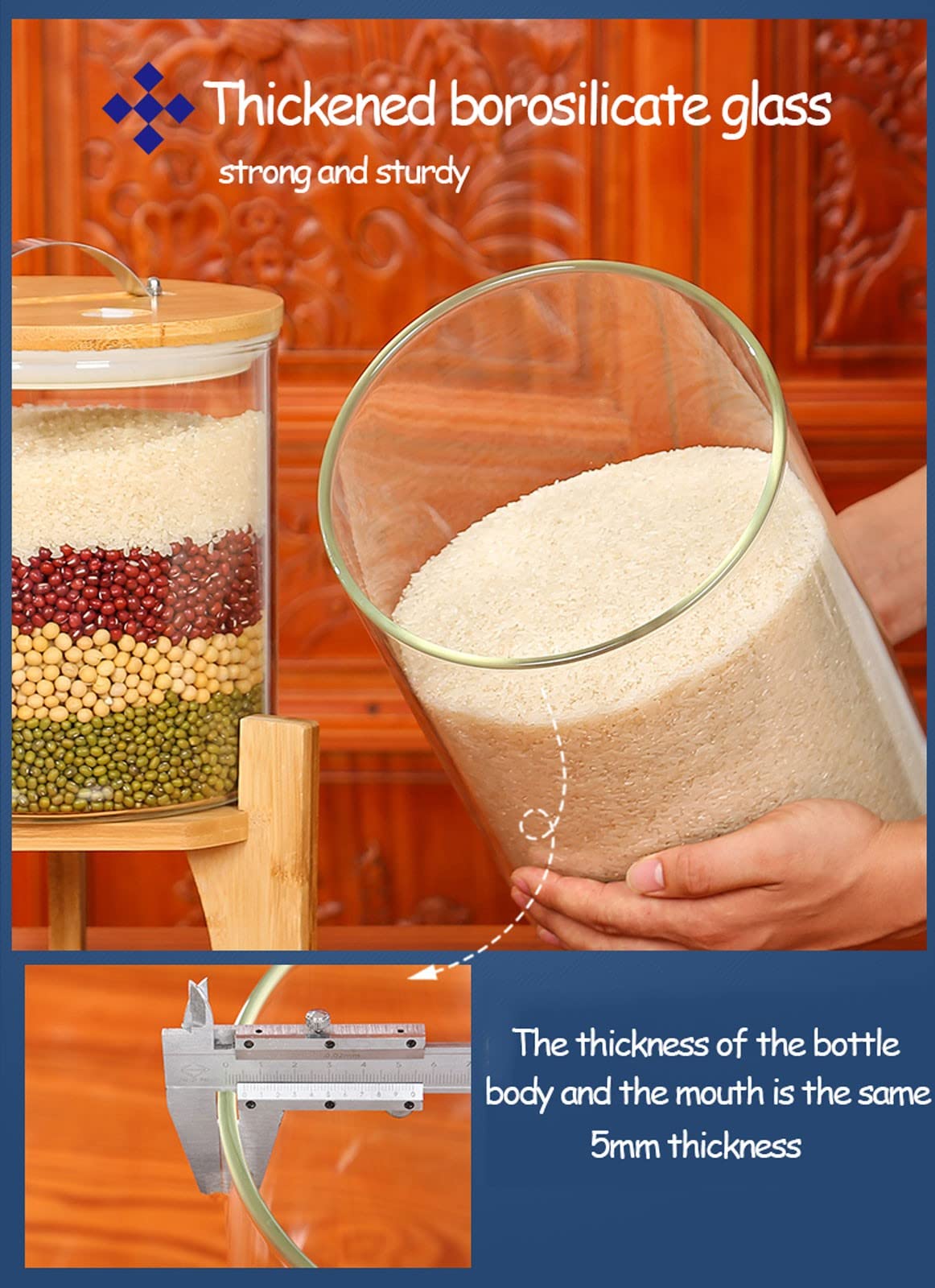 Dispensador de Cereales de 5/7.5L con Vaso Medidor, Contenedores de Almacenamiento de Arroz, Dispensador de Frutos Secos Soja, Alta Capacidad Barril de Arroz, Mantenga los Granos Frescos y Secos(Size: