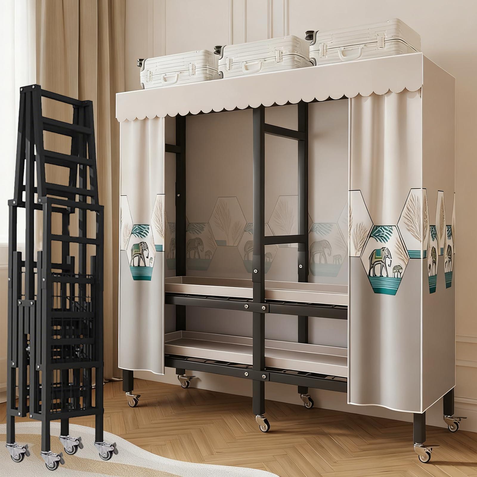 Wytrzymały składany stojak na ubrania, pojemność 680 kg, wolnostojący organizer na ubrania z pokrowcem i kółkami, zamknięta szafa do wieszania ubrań